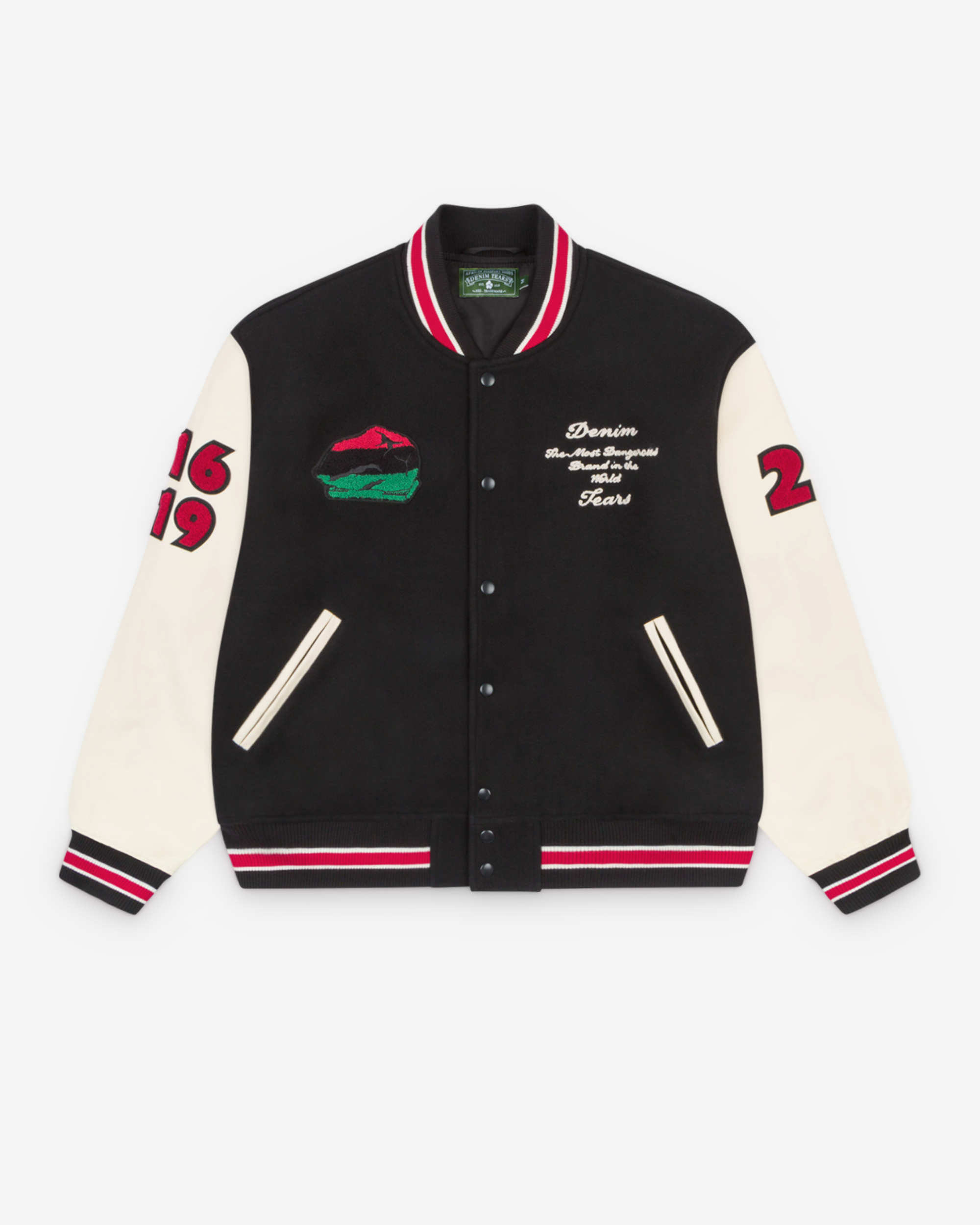 Denim Tears: Men's Peace Wreath Varsity Jacket (Black/White