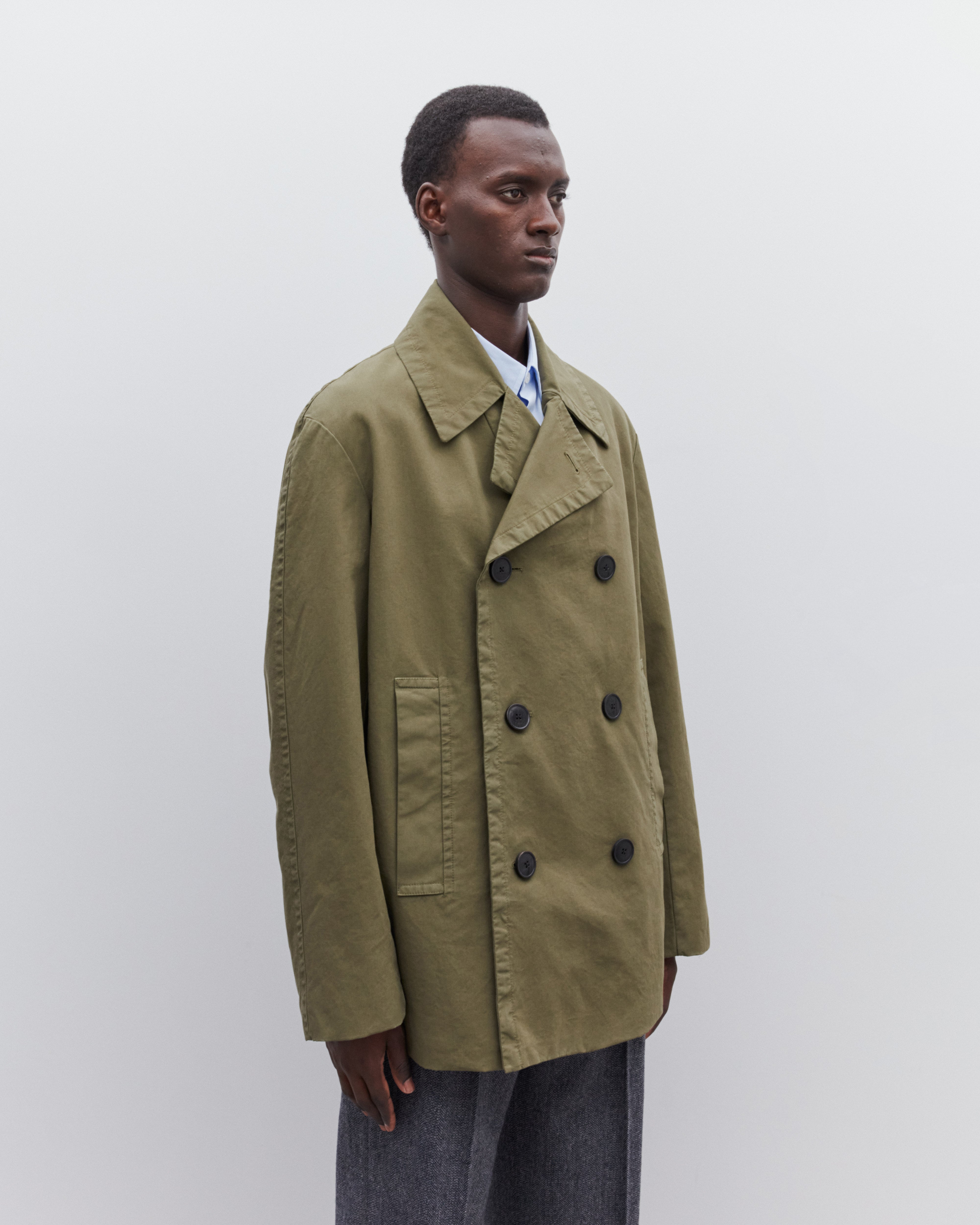 Dries Van Noten: Men's Short Double Breasted Coat (Khaki) | Dover