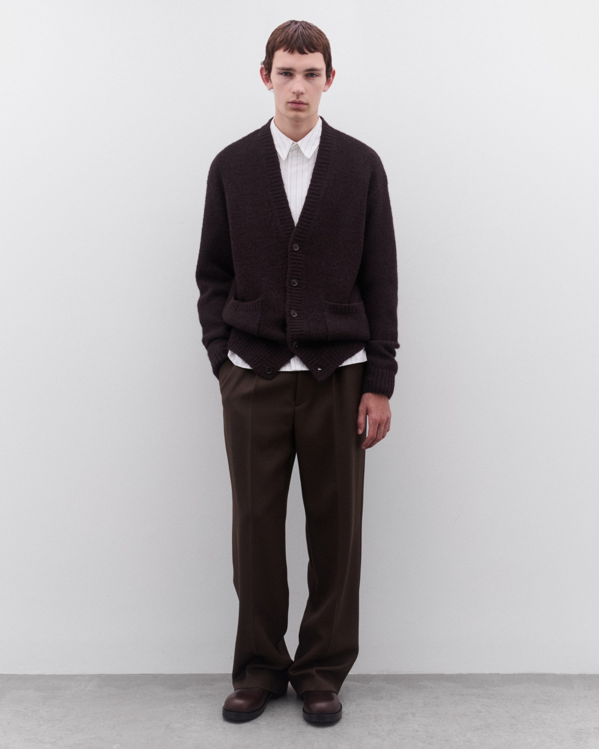 Dries Van Noten: Men's V-Neck Cardigan (Dark Brown) | Dover Street Market London Dries Van Noten: Men's V-Neck Cardigan (Dark Brown) | Dover Street Market London