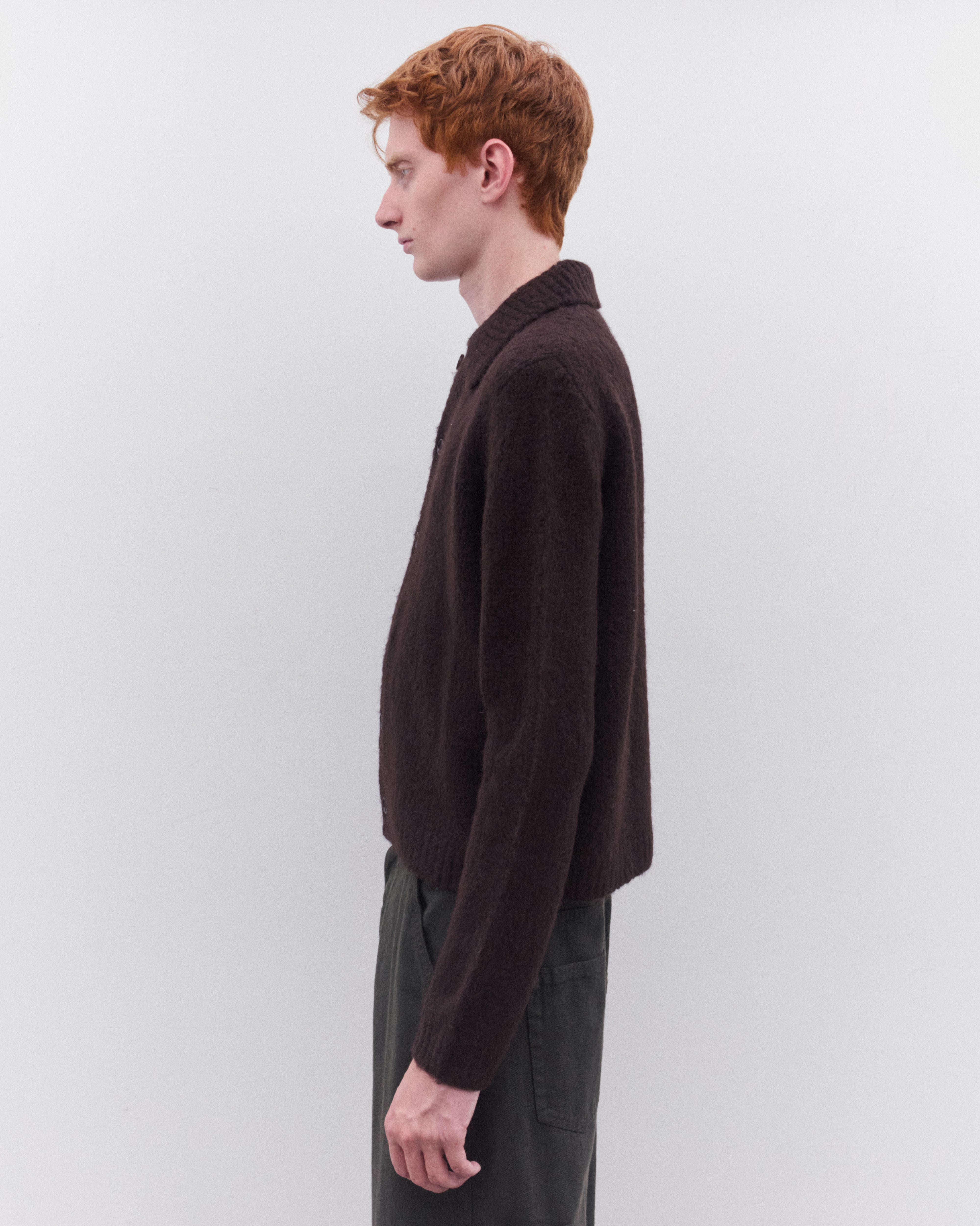 Dries Van Noten: Men's Cropped Wool Cardigan (Dark Brown) | Dover