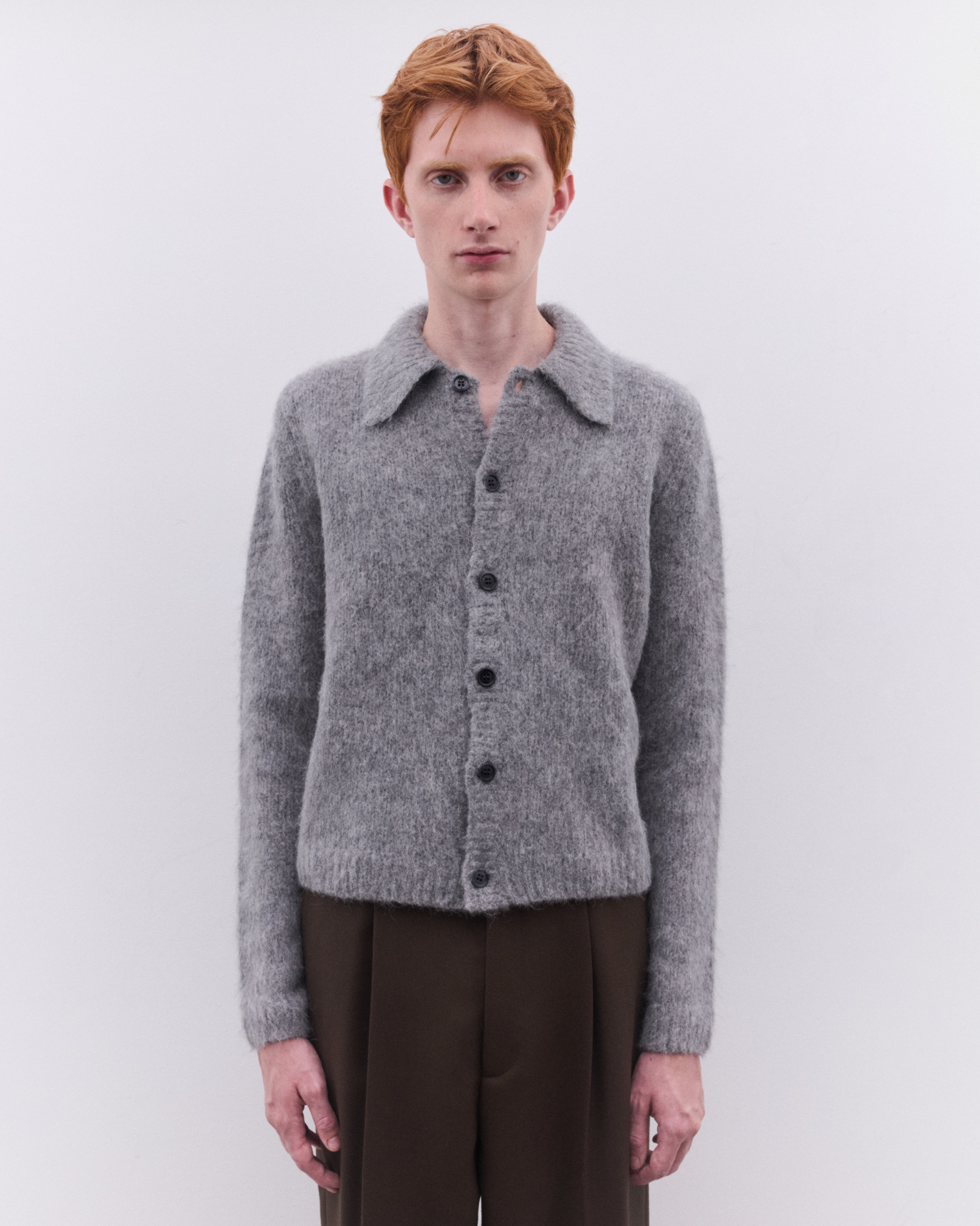 Dries Van Noten: Men's Cropped Wool Cardigan (Mid Grey) | DSML E-SHOP