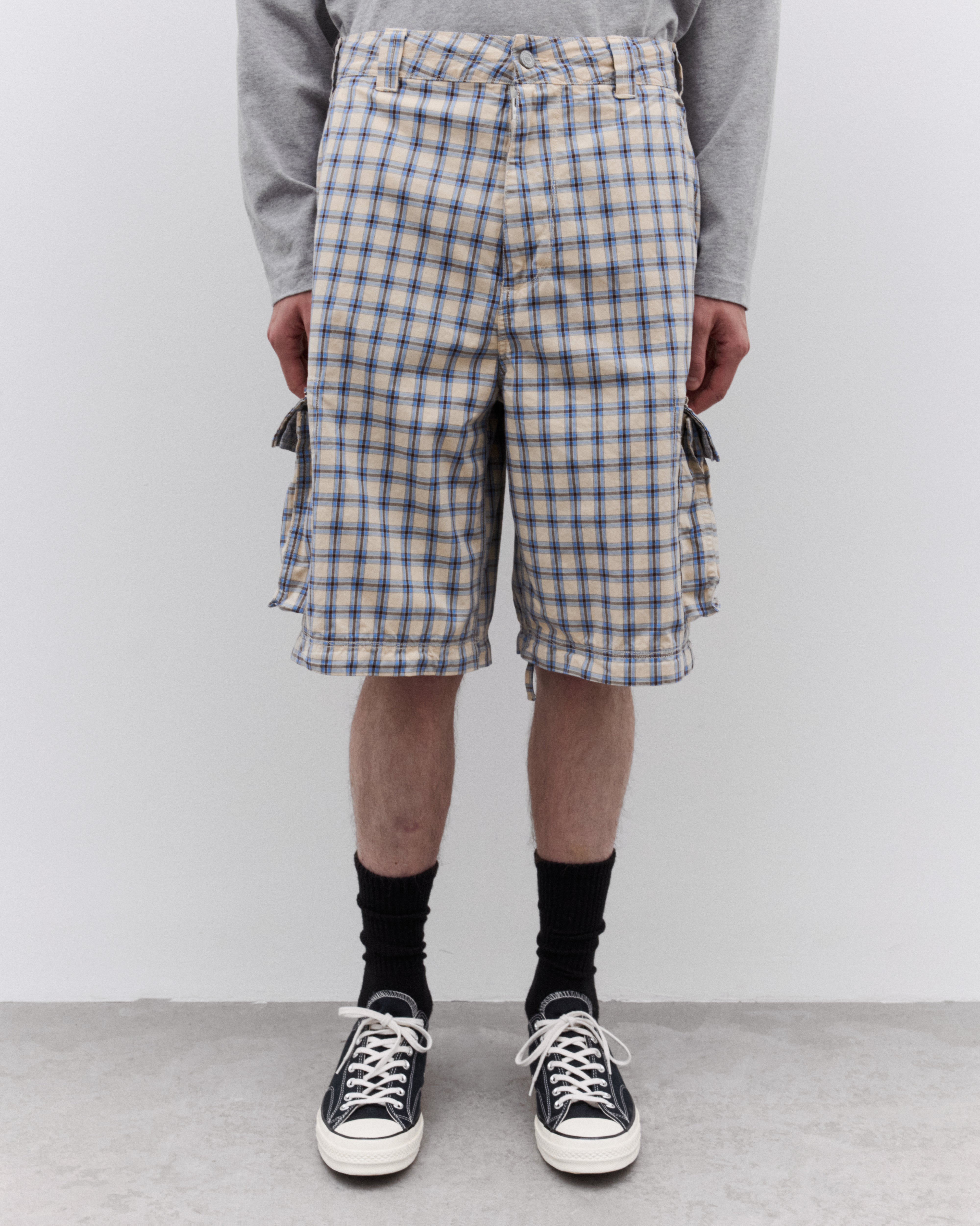 ERL: Zip-Off Plaid Cargo Pants (Beige/Blue) | Dover Street Market