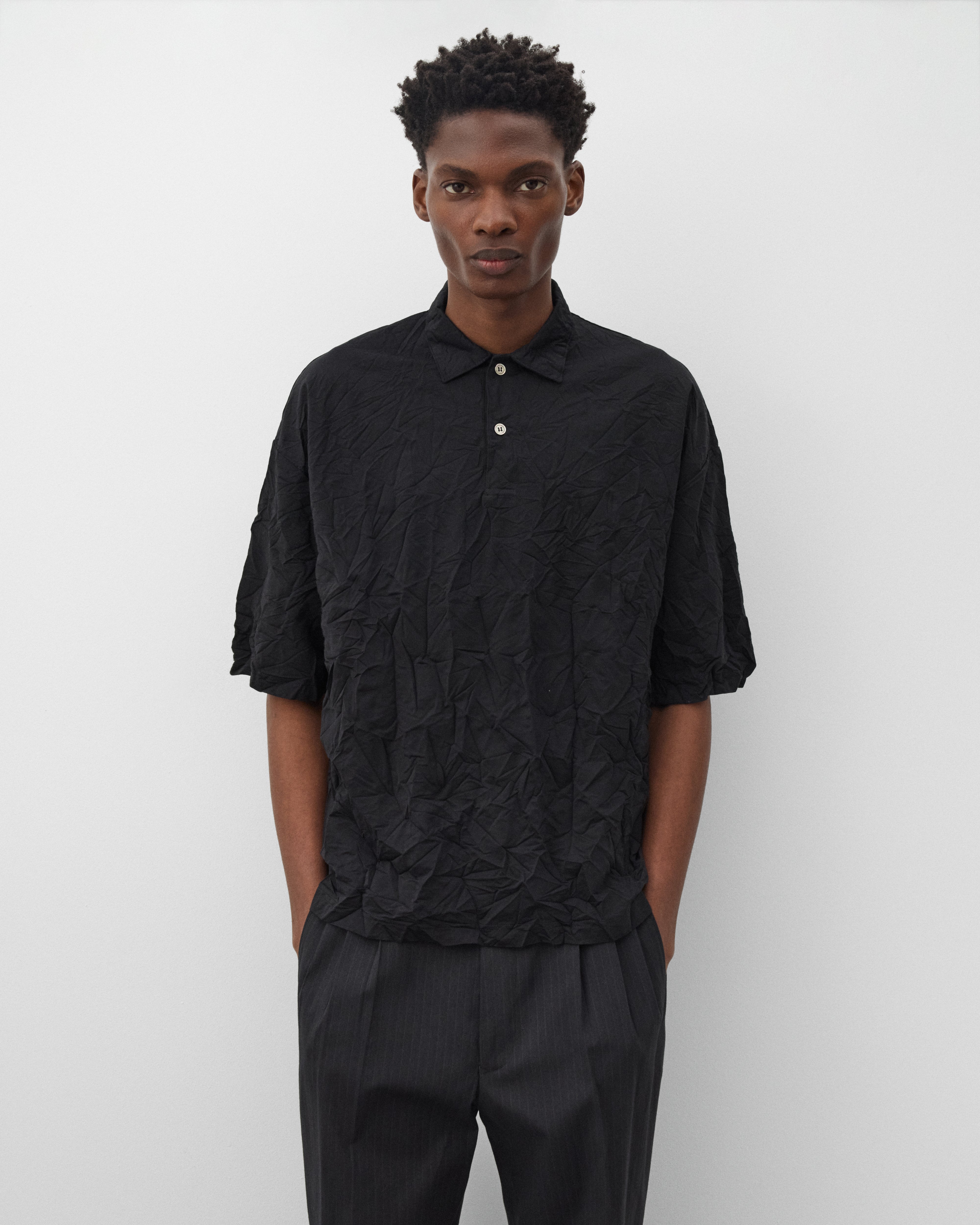 CDG Homme: Men's Crinkled Short Sleeve Shirt (Black) | Dover
