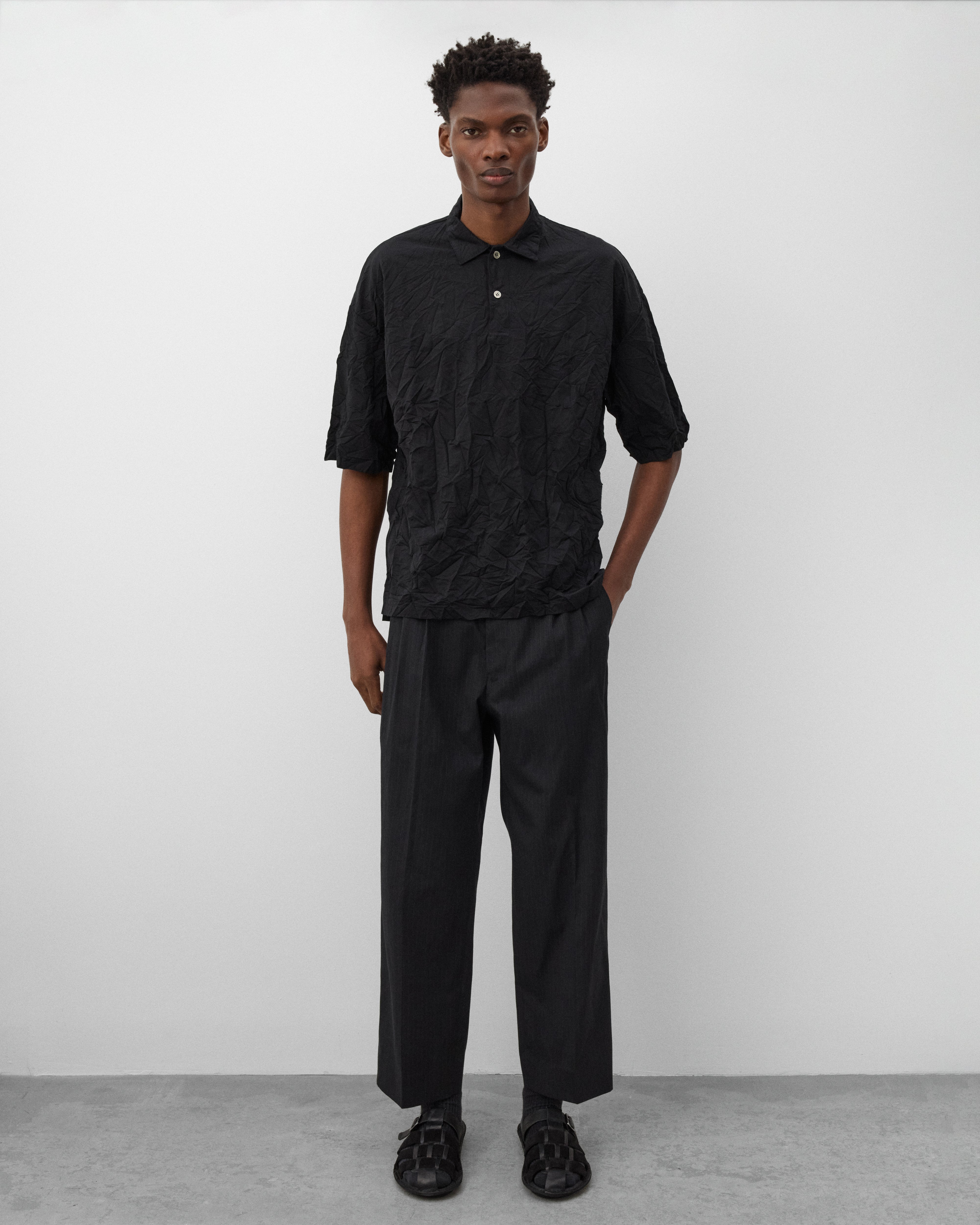 CDG Homme: Men's Crinkled Short Sleeve Shirt (Black) | Dover