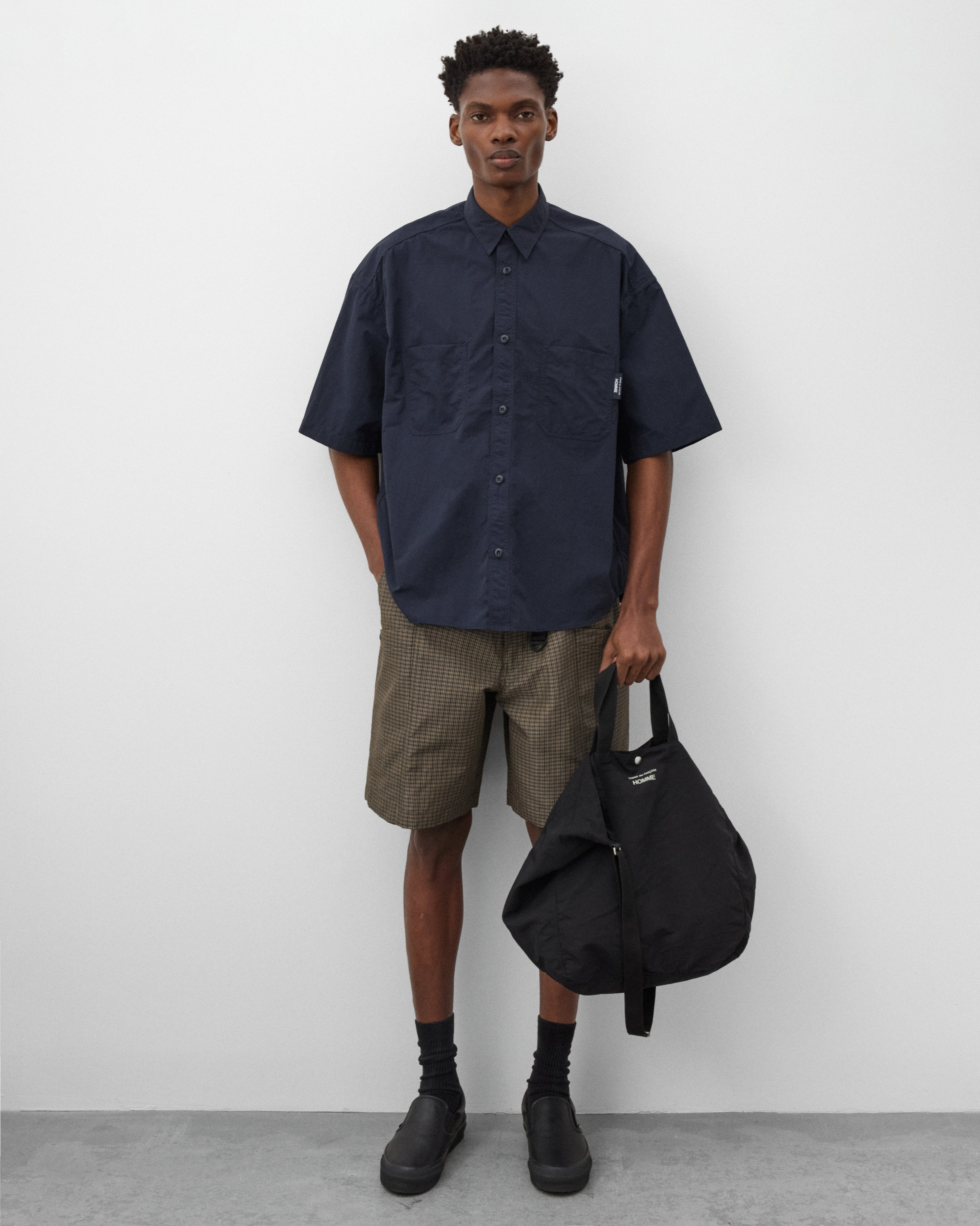 CDG Homme: Men's Short Sleeve Nylon Shirt (Navy) | Dover Street