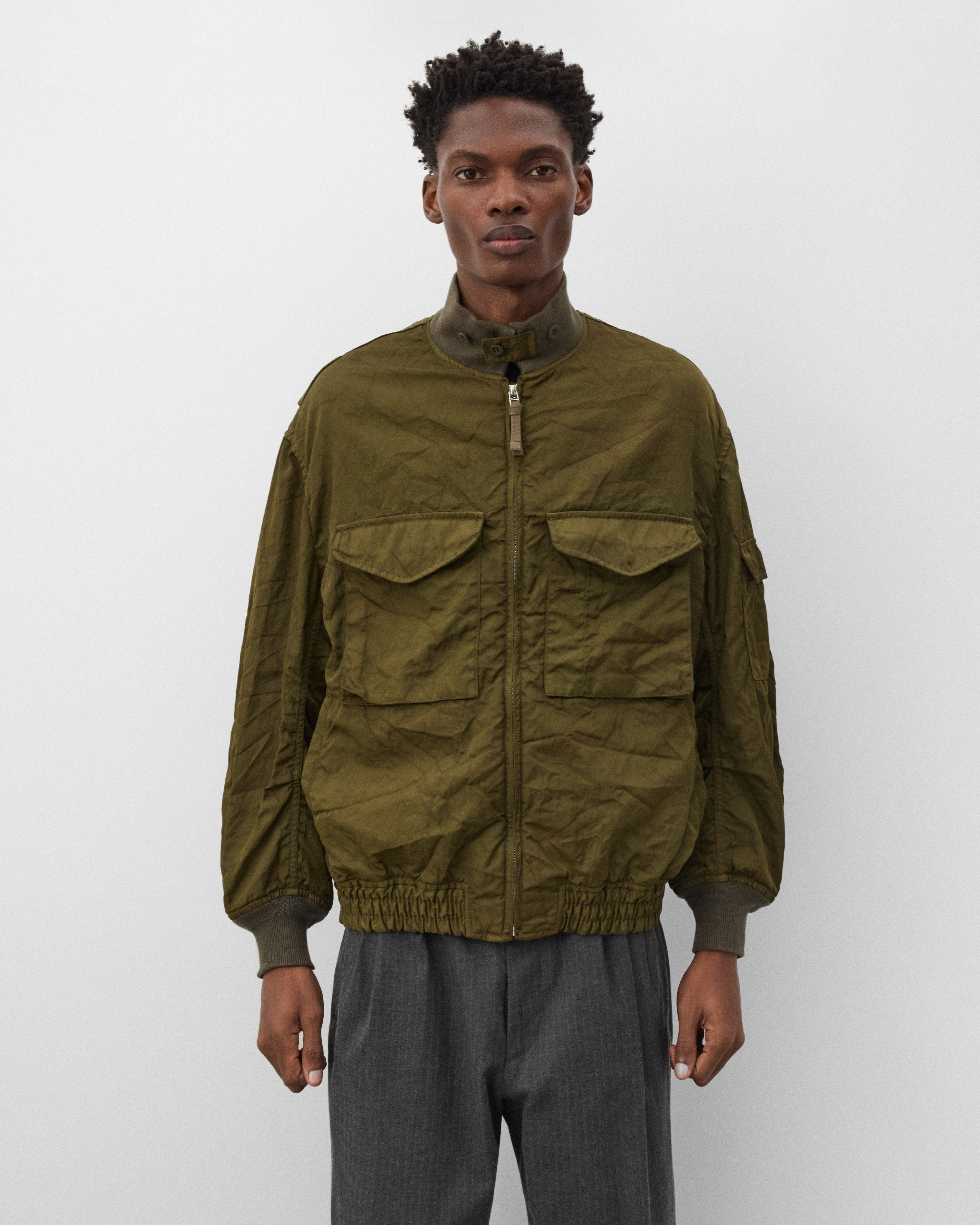 CDG Homme: Men's Crinkled Bomber Jacket (Olive) | Dover Street