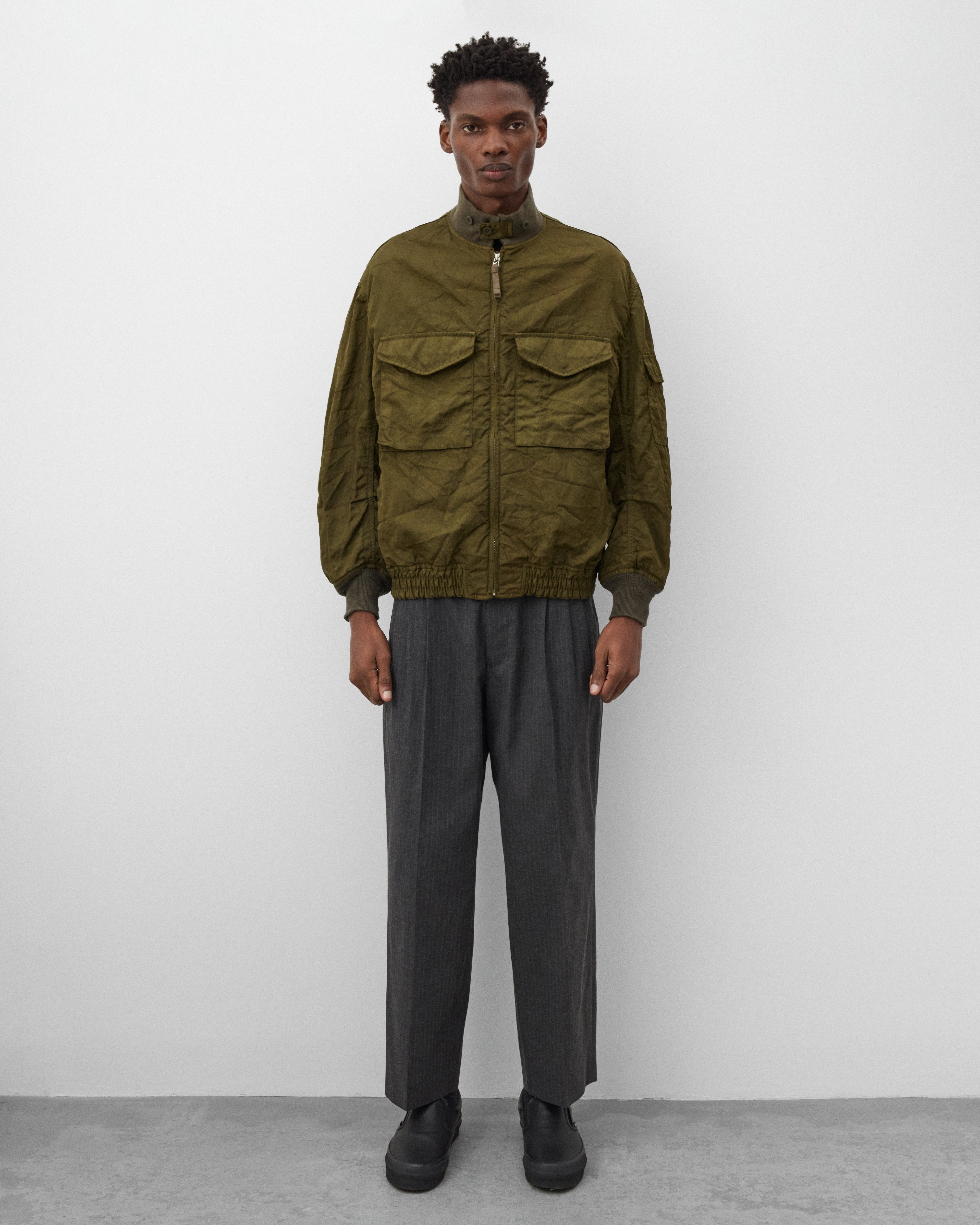 CDG Homme: Men's Crinkled Bomber Jacket (Olive) | Dover Street