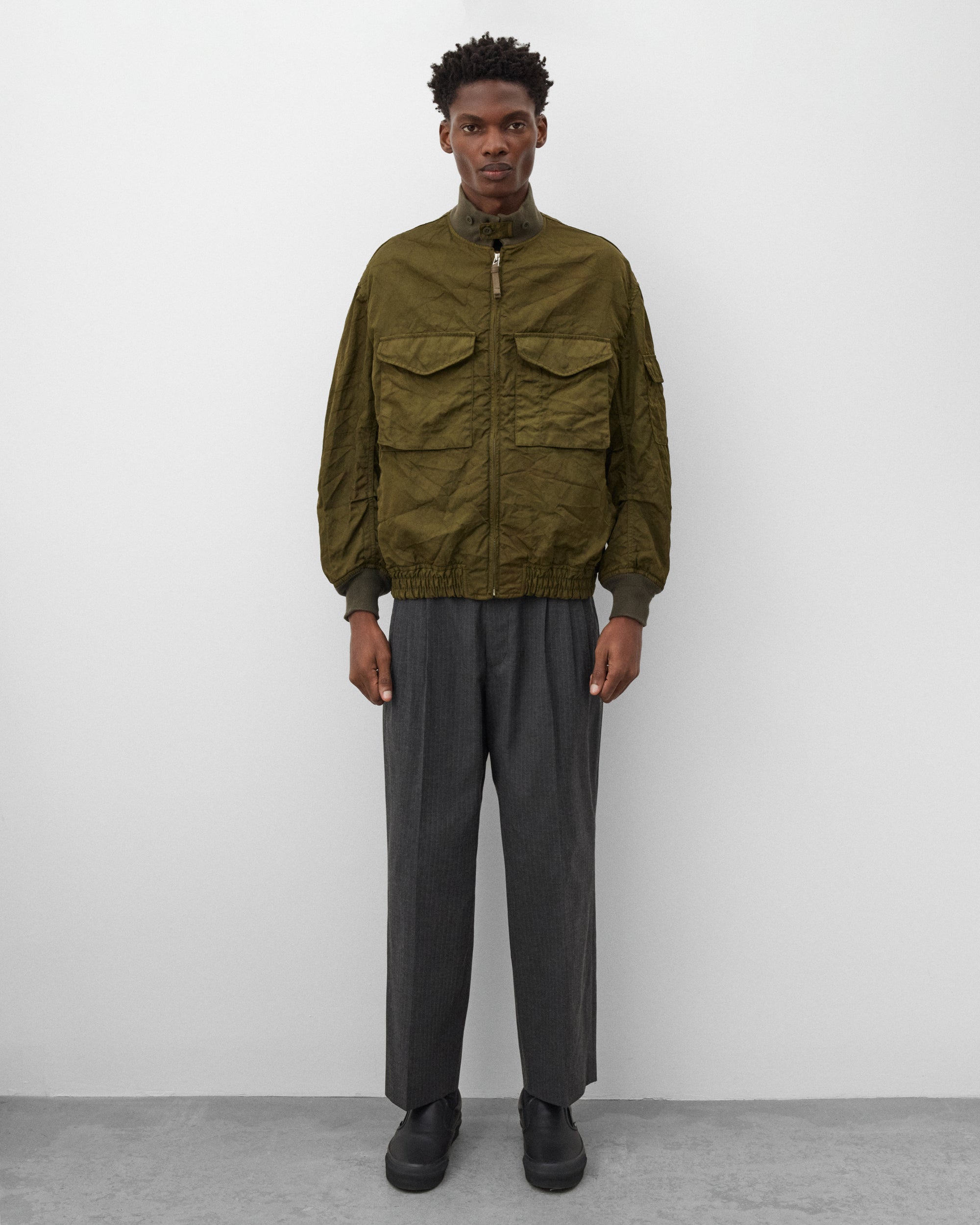CDG Homme: Men's Crinkled Bomber Jacket (Olive) | Dover Street Market London CDG Homme: Men's Crinkled Bomber Jacket (Olive) | Dover Street Market London