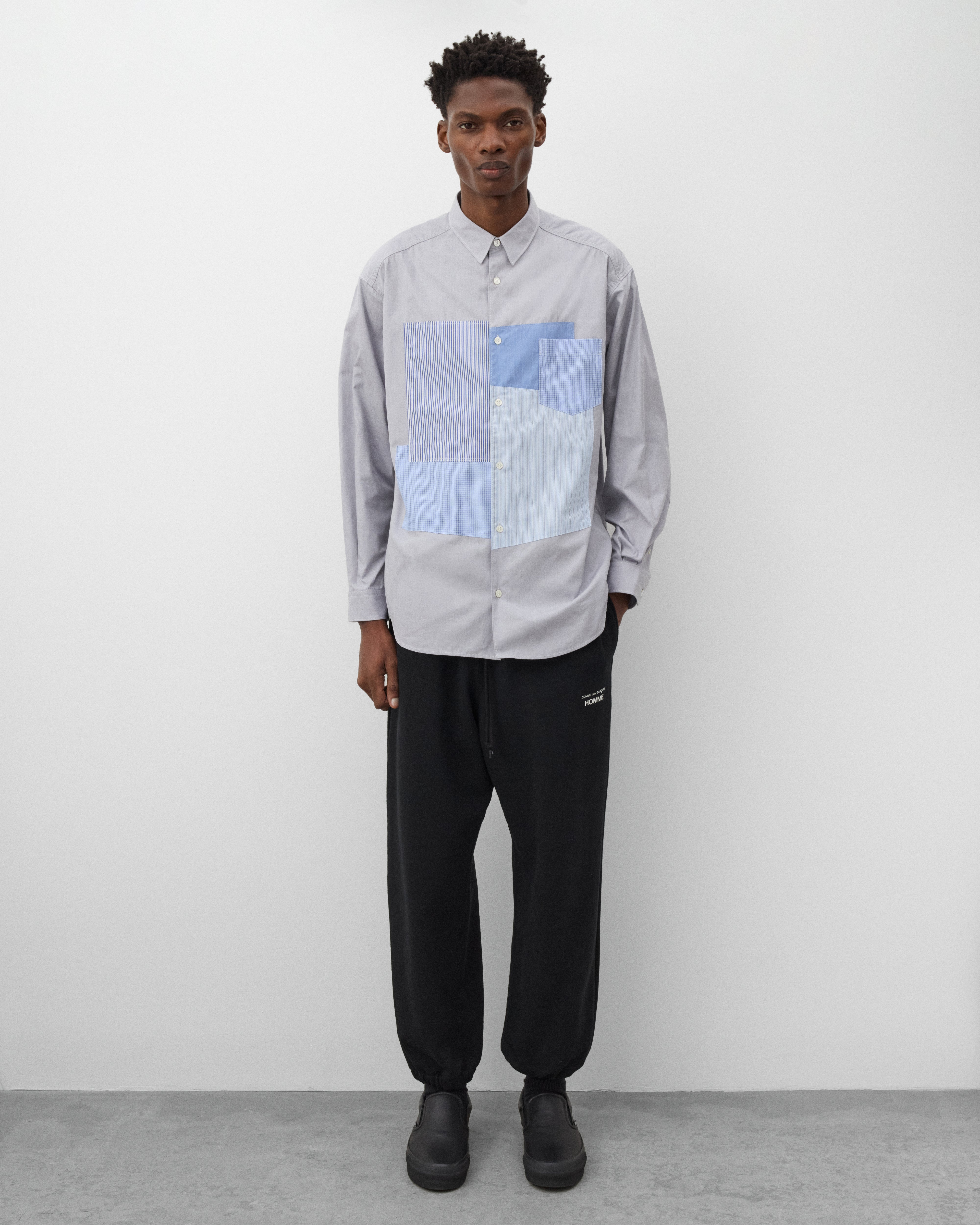 CDG Homme: Men's Patchwork Shirt (Blue Stripe) | Dover Street