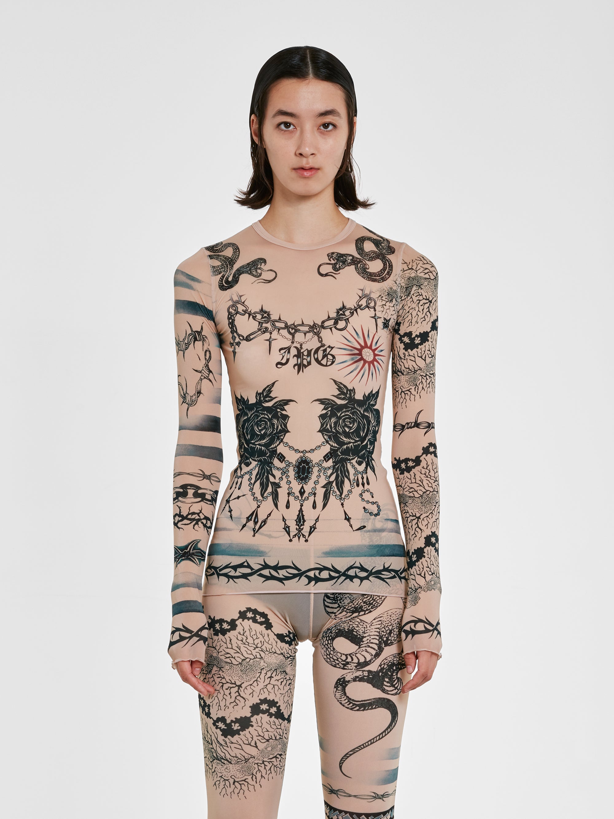Jean Paul Gaultier - KNWLS Women’s Trompe L’Oeil Tattoo Long Sleeve Top - (Nude/Grey/Black) view 2