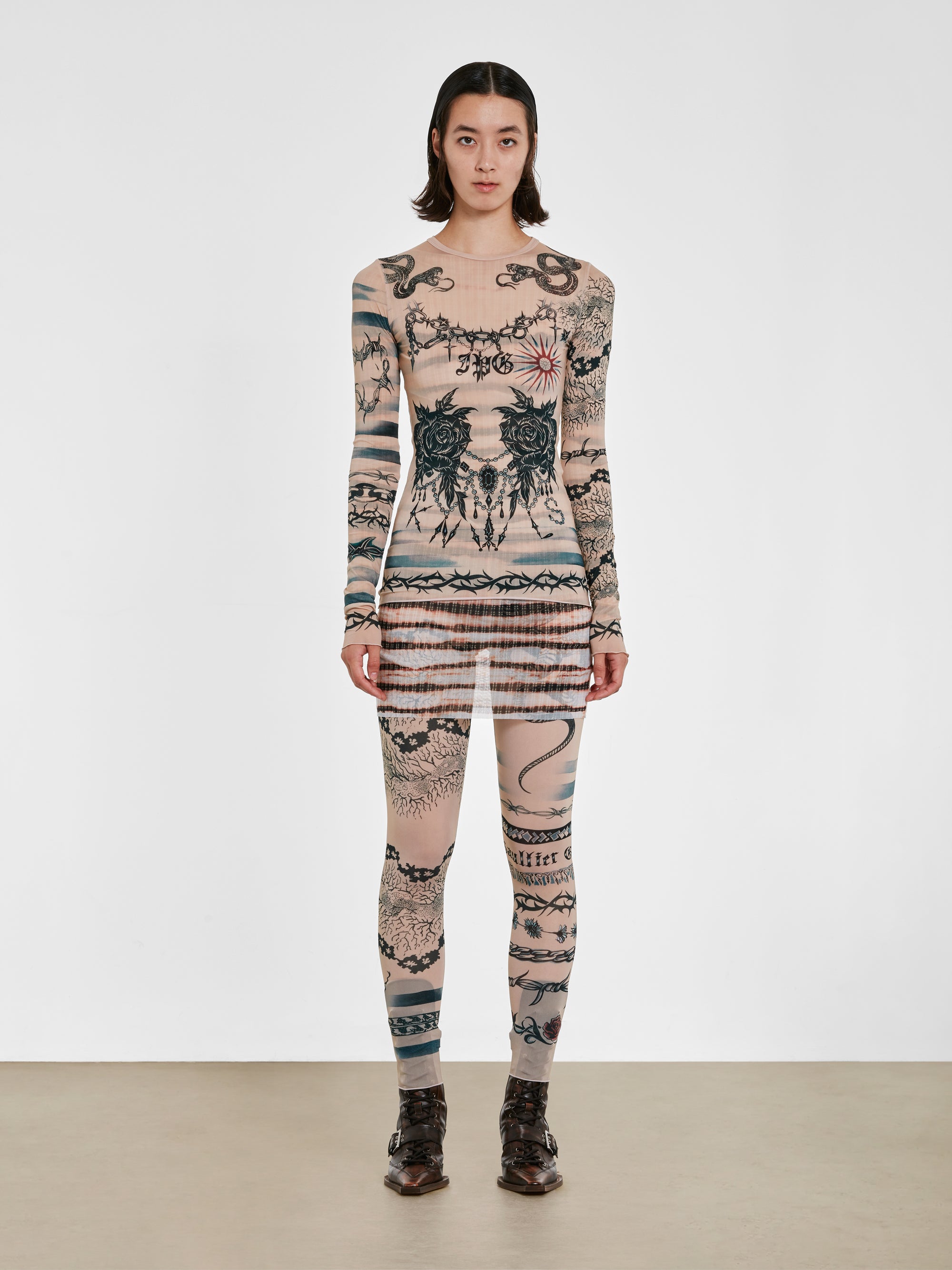 Jean Paul Gaultier - KNWLS Women’s Trompe L’Oeil Tattoo Long Sleeve Top - (Nude/Grey/Black) view 5