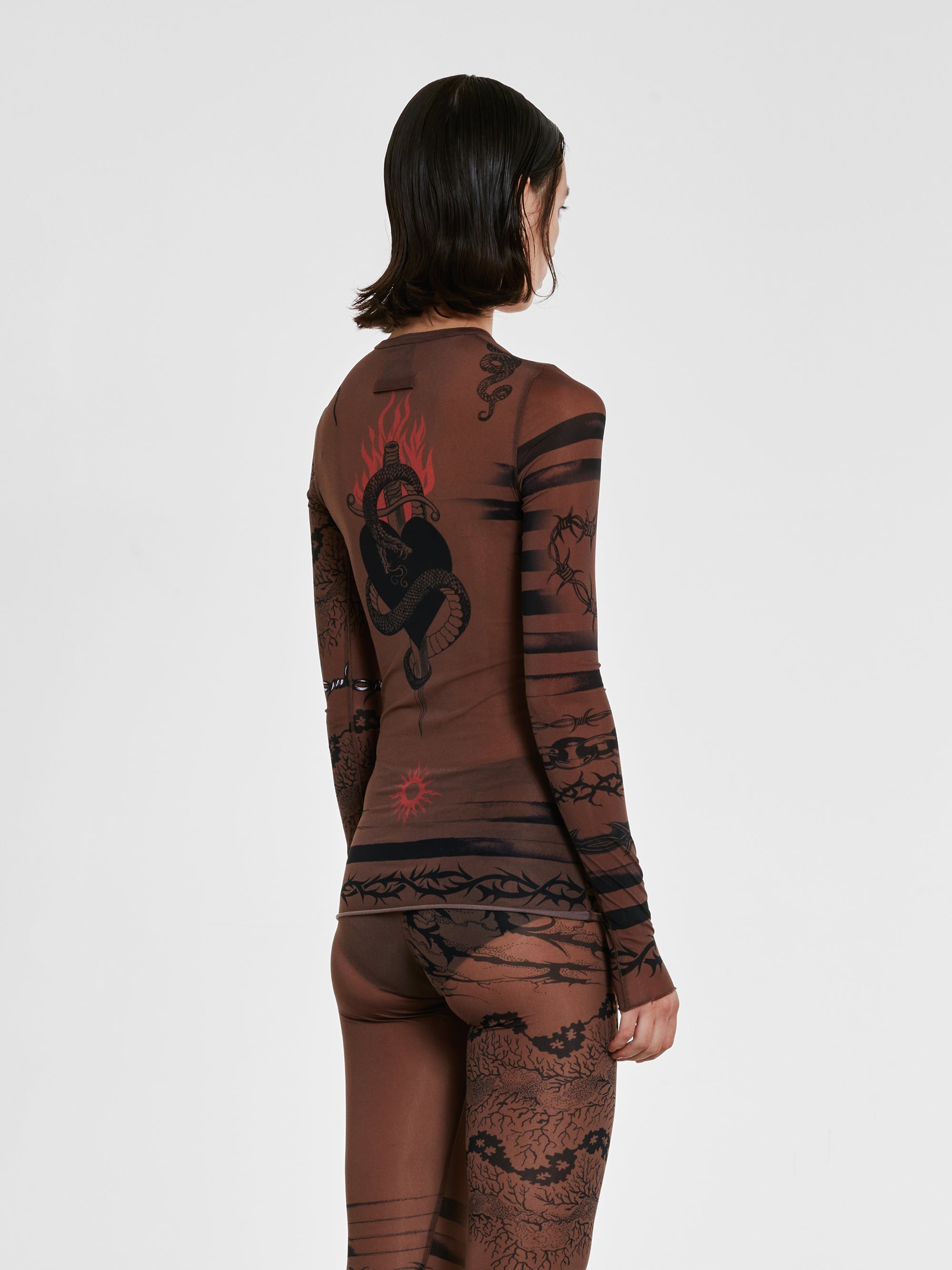 Jean Paul Gaultier - KNWLS Women’s Trompe L’Oeil Tattoo Long Sleeve Top - (Ebony/Grey/Black) view 4