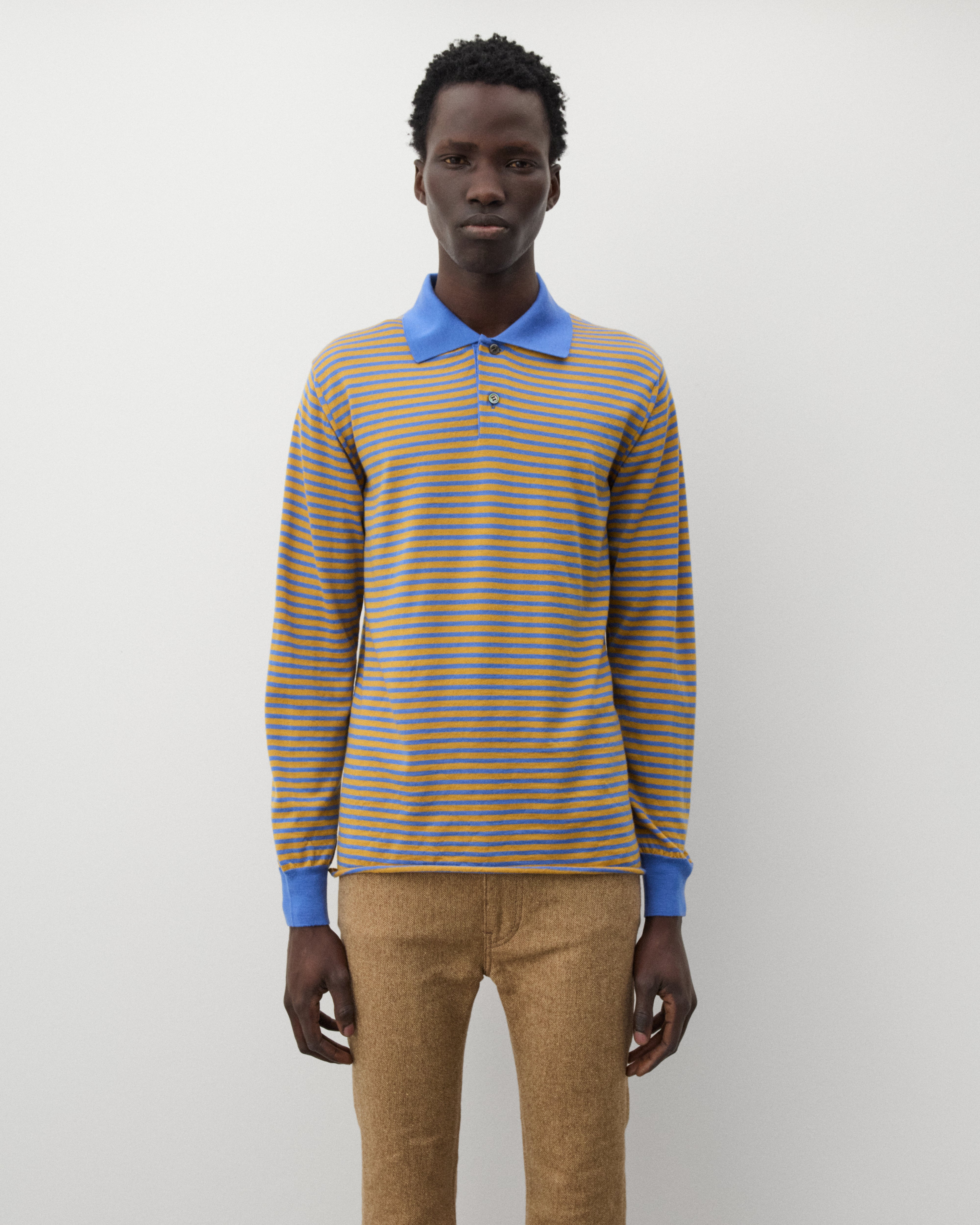 Junya Watanabe Man: Men's Striped Knit Polo Sweater (Sax Blue