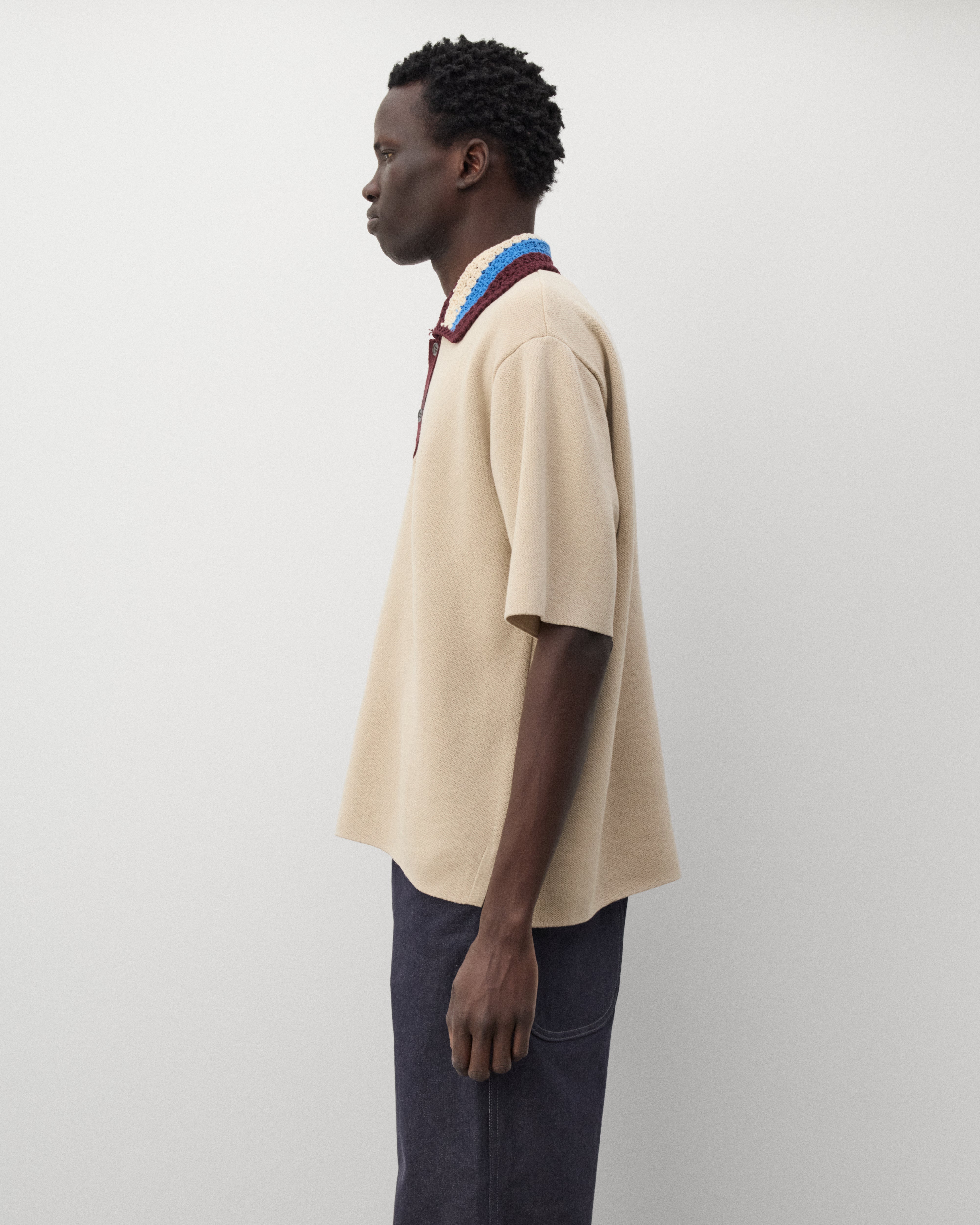 Junya Watanabe Man: Men's Crochet Collar Polo (Beige) | Dover