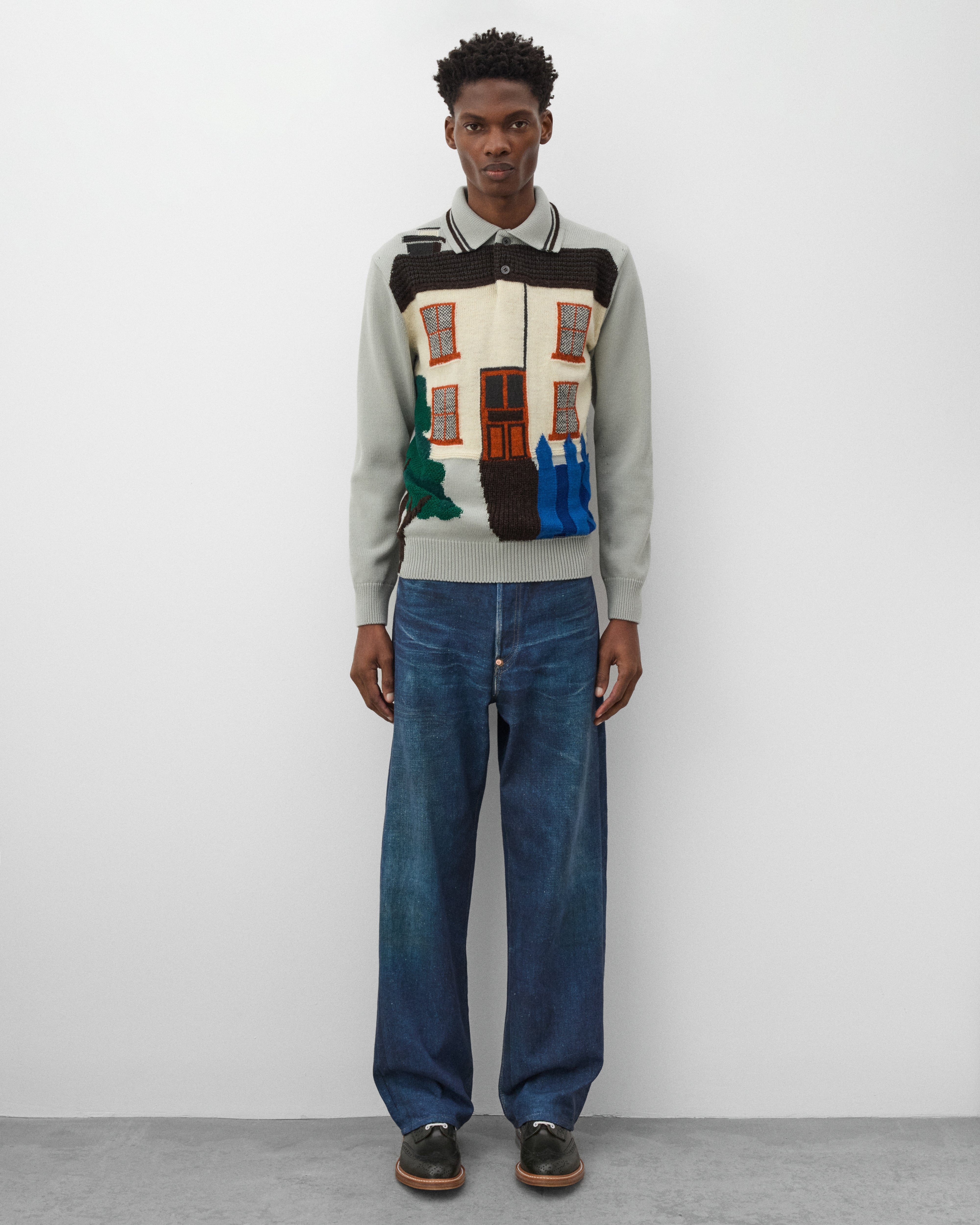 Junya Watanabe Man: Men's House Knit Polo (Grey/Off White) | Dover