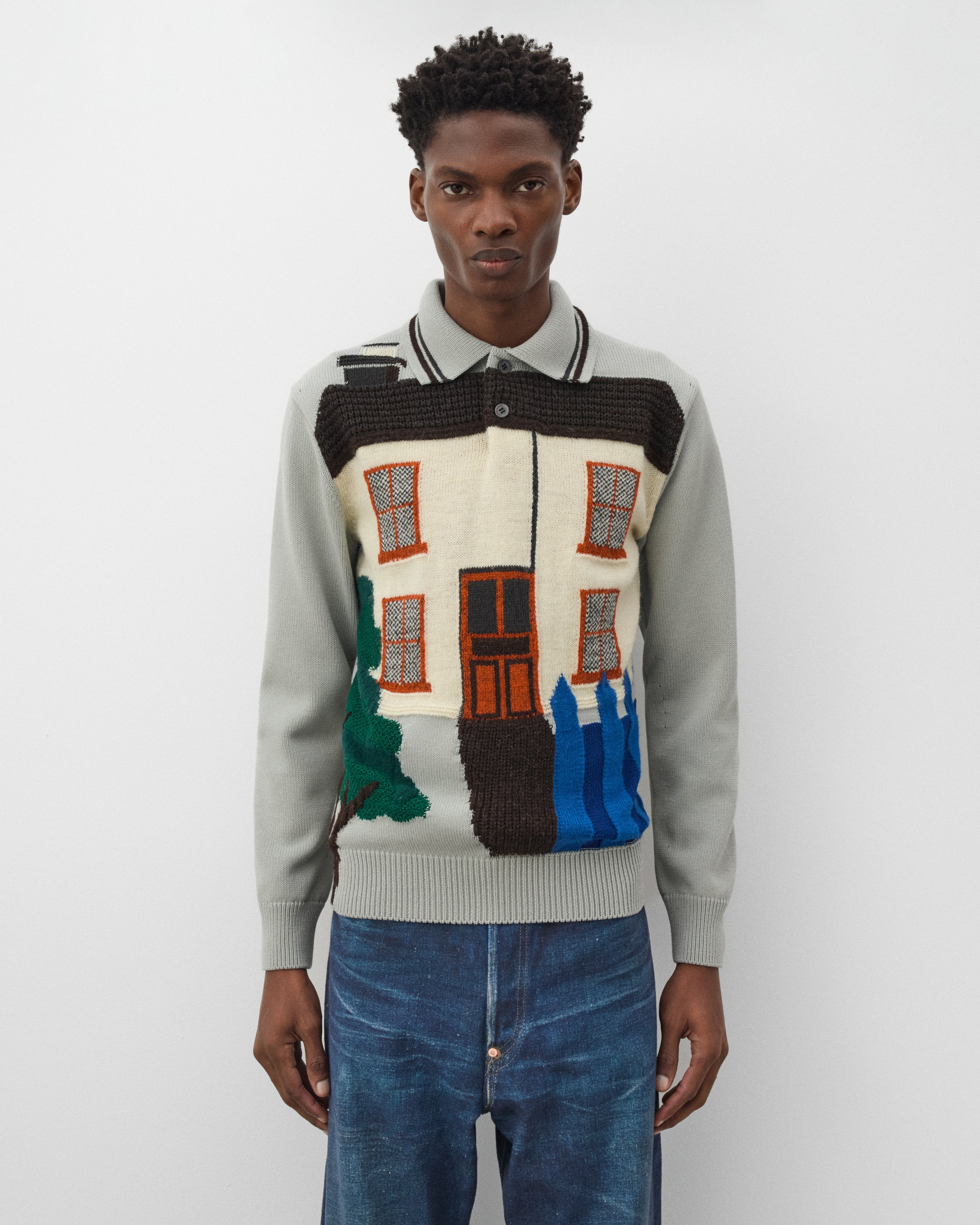 Junya Watanabe Man: Men's House Knit Polo (Grey/Off White) | Dover