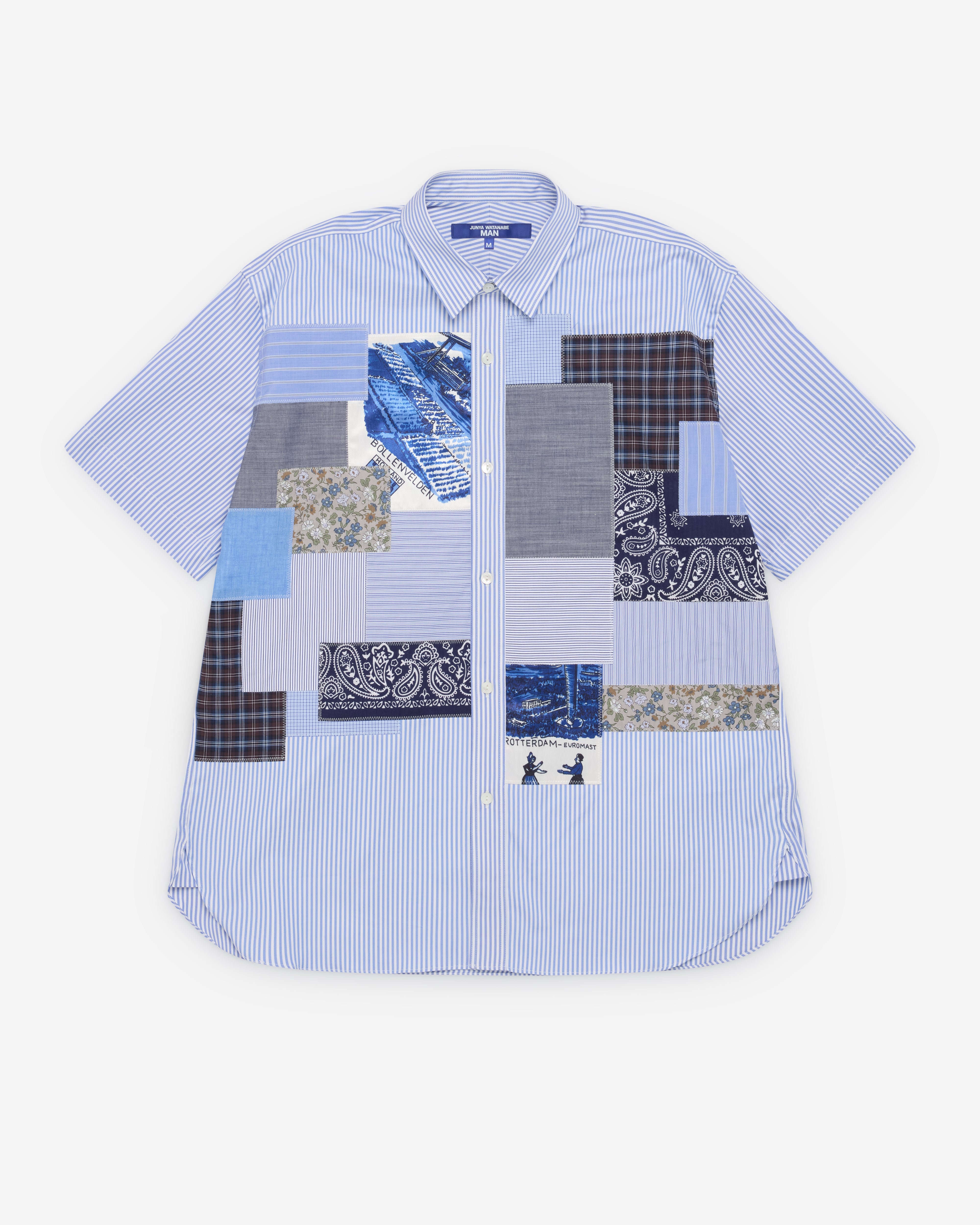 Junya Watanabe MAN: Men's Patchwork Short Sleeve Shirt (White/Sax