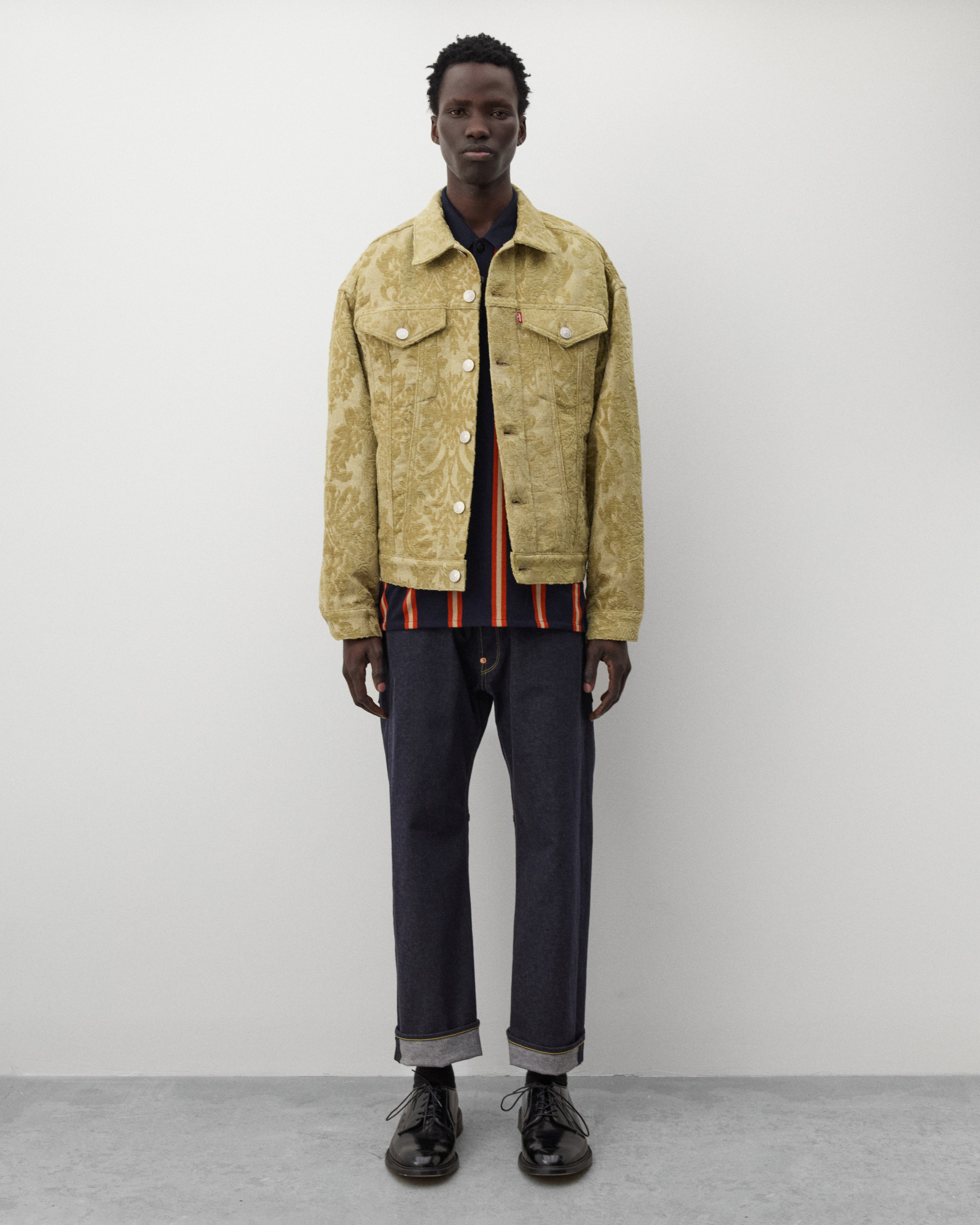Junya Watanabe Man: Men's Striped Knit Polo (Navy/Orange) | Dover