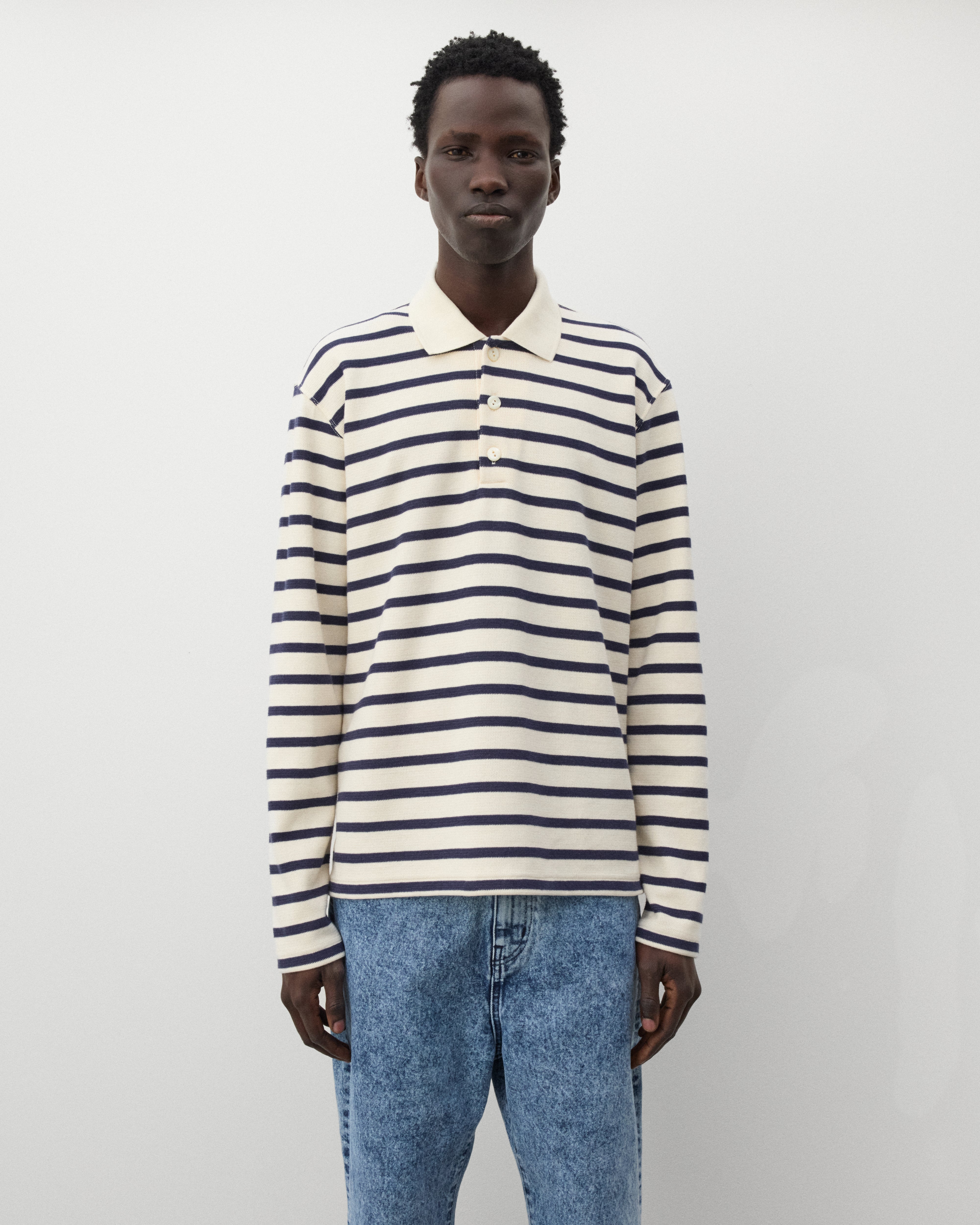 Junya Watanabe Man: Men's Striped Long Sleeve Polo (Natural/Navy