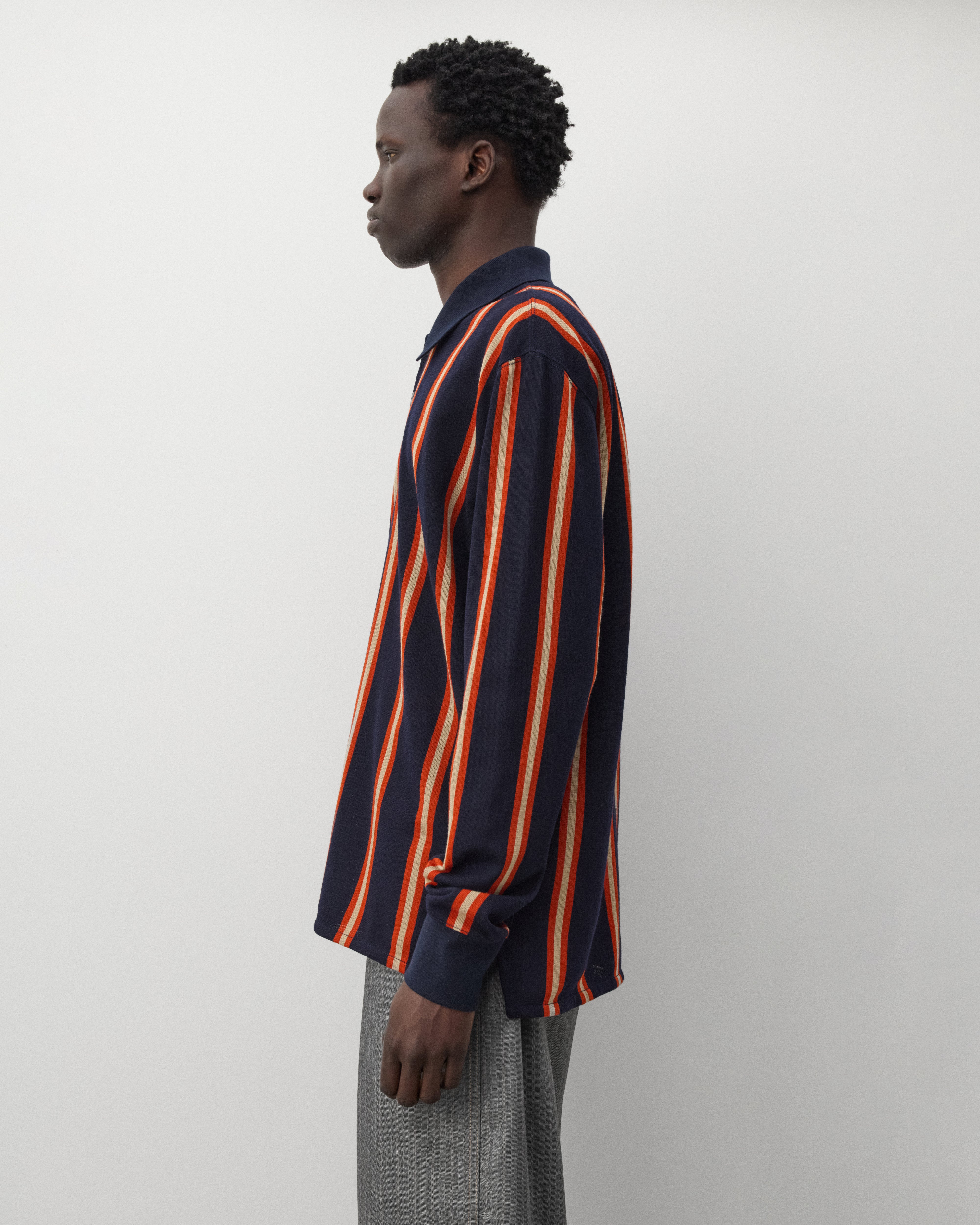 Junya Watanabe Man: Men's Striped Knit Polo (Navy/Orange) | Dover