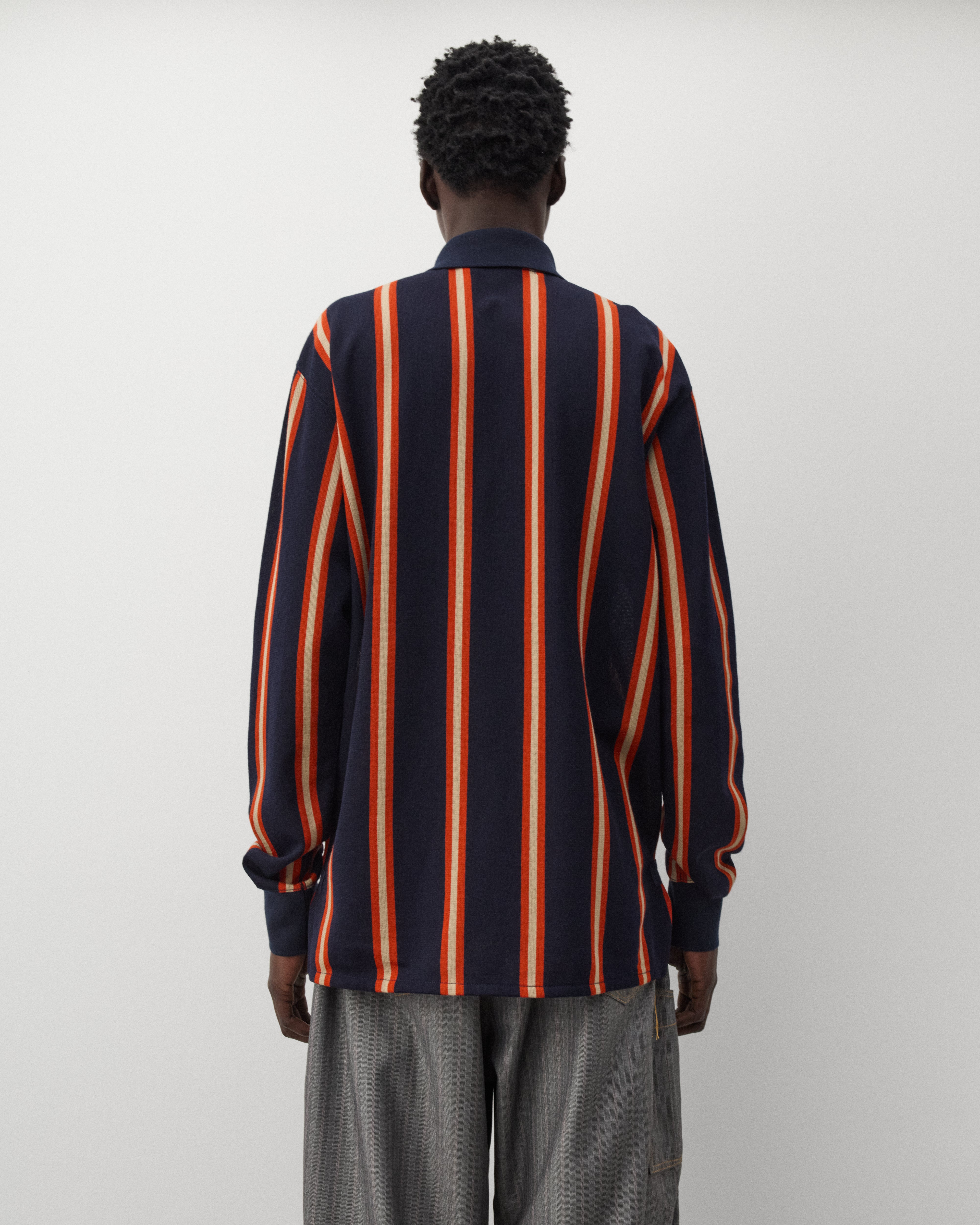 Junya Watanabe Man: Men's Striped Knit Polo (Navy/Orange) | Dover