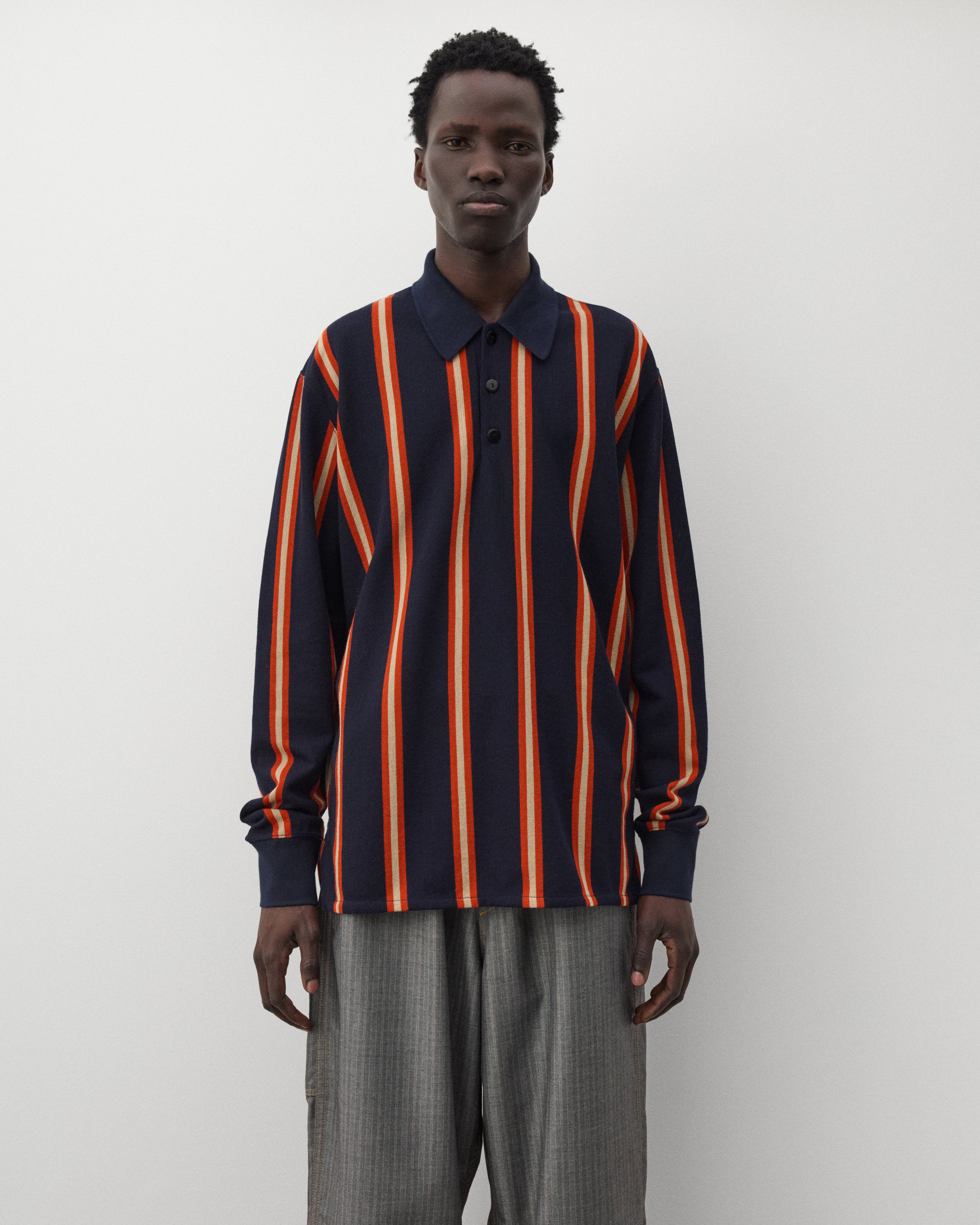 Junya Watanabe Man: Men's Striped Knit Polo (Navy/Orange) | Dover