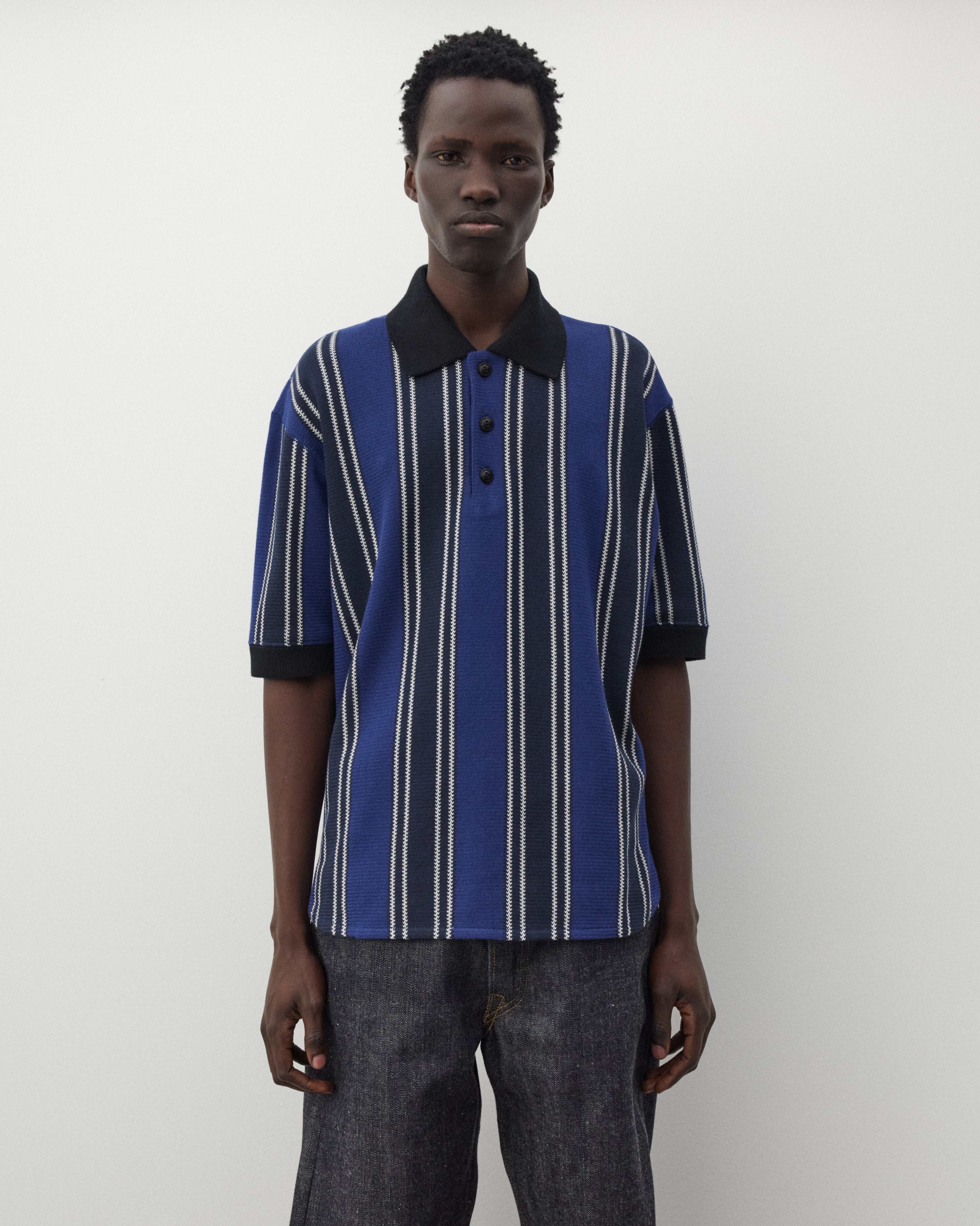 Junya Watanabe Man: Men's Knit Short Sleeve Polo (Navy/Black