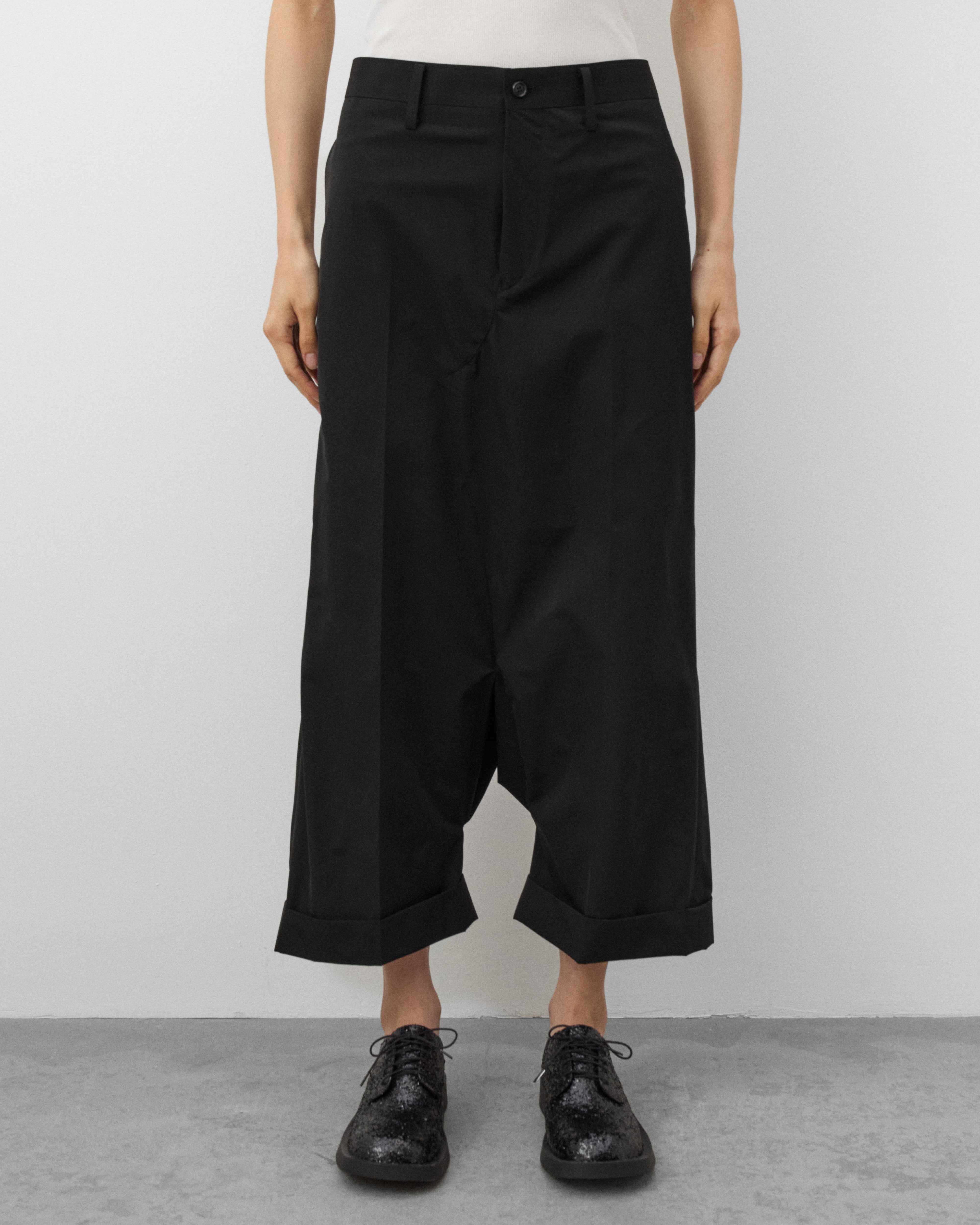 Junya Watanabe: Women's Wide Leg Pleated Trousers (Black) | Dover