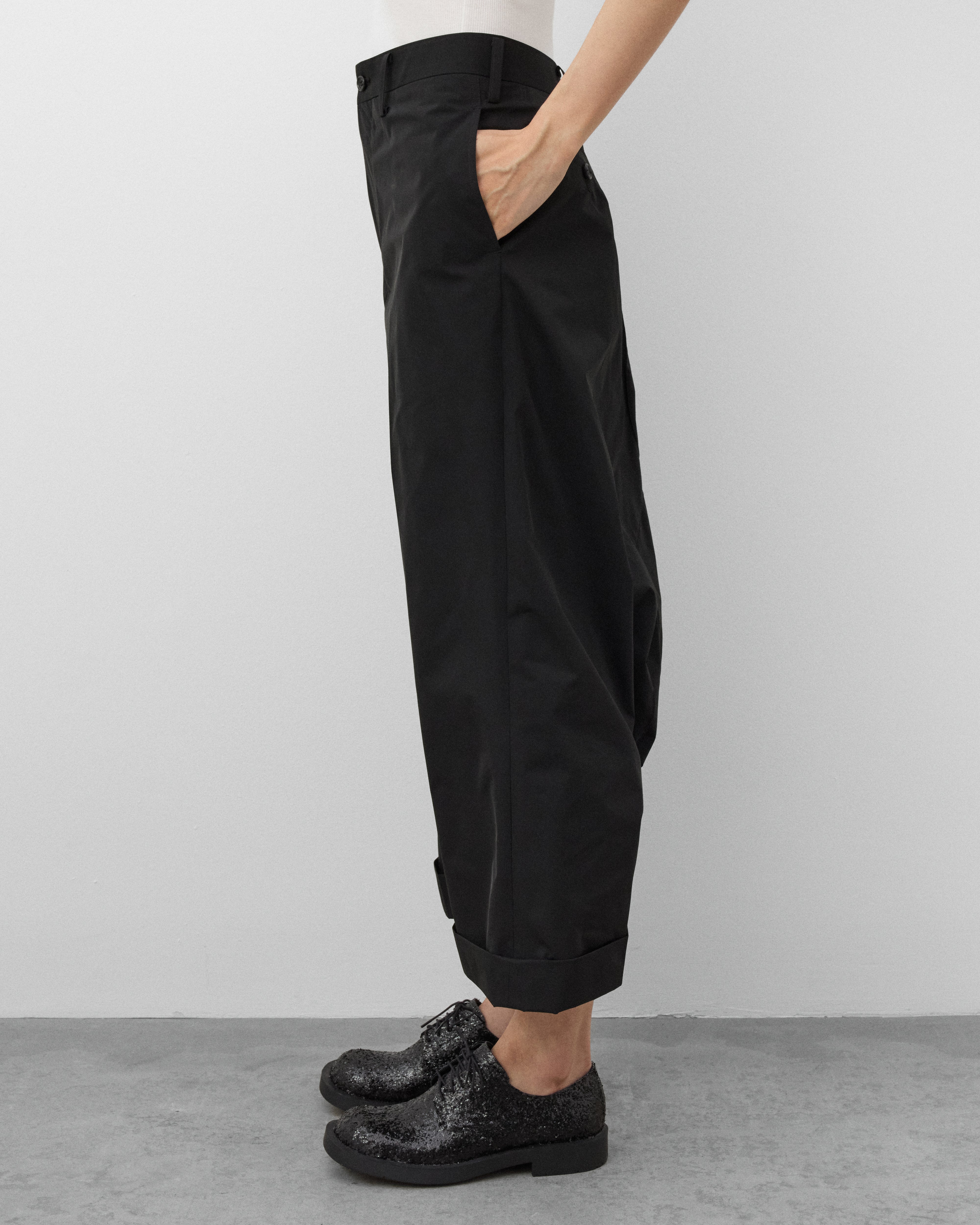 Junya Watanabe: Women's Wide Leg Pleated Trousers (Black) | Dover