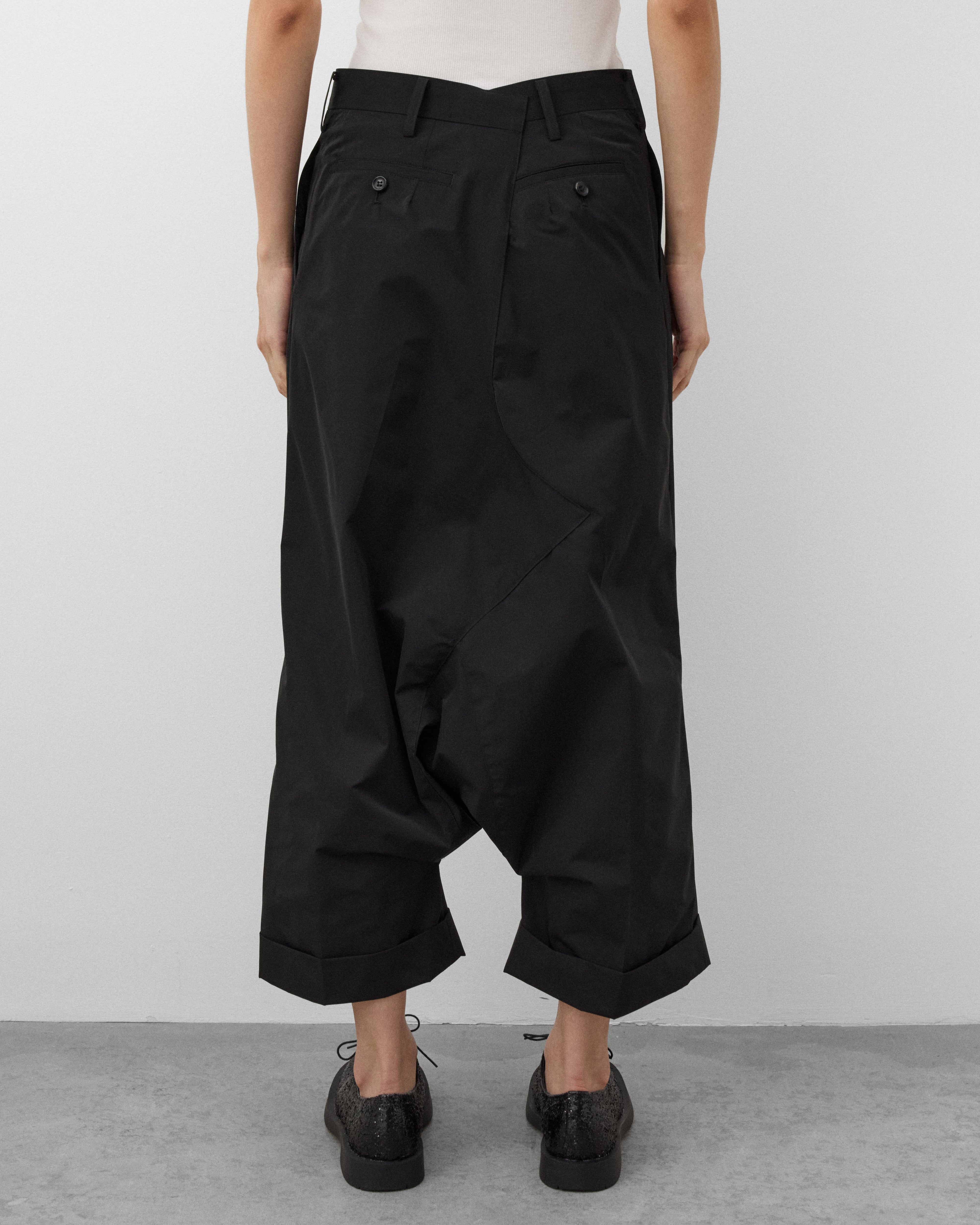 Junya Watanabe: Women's Wide Leg Pleated Trousers (Black) | Dover