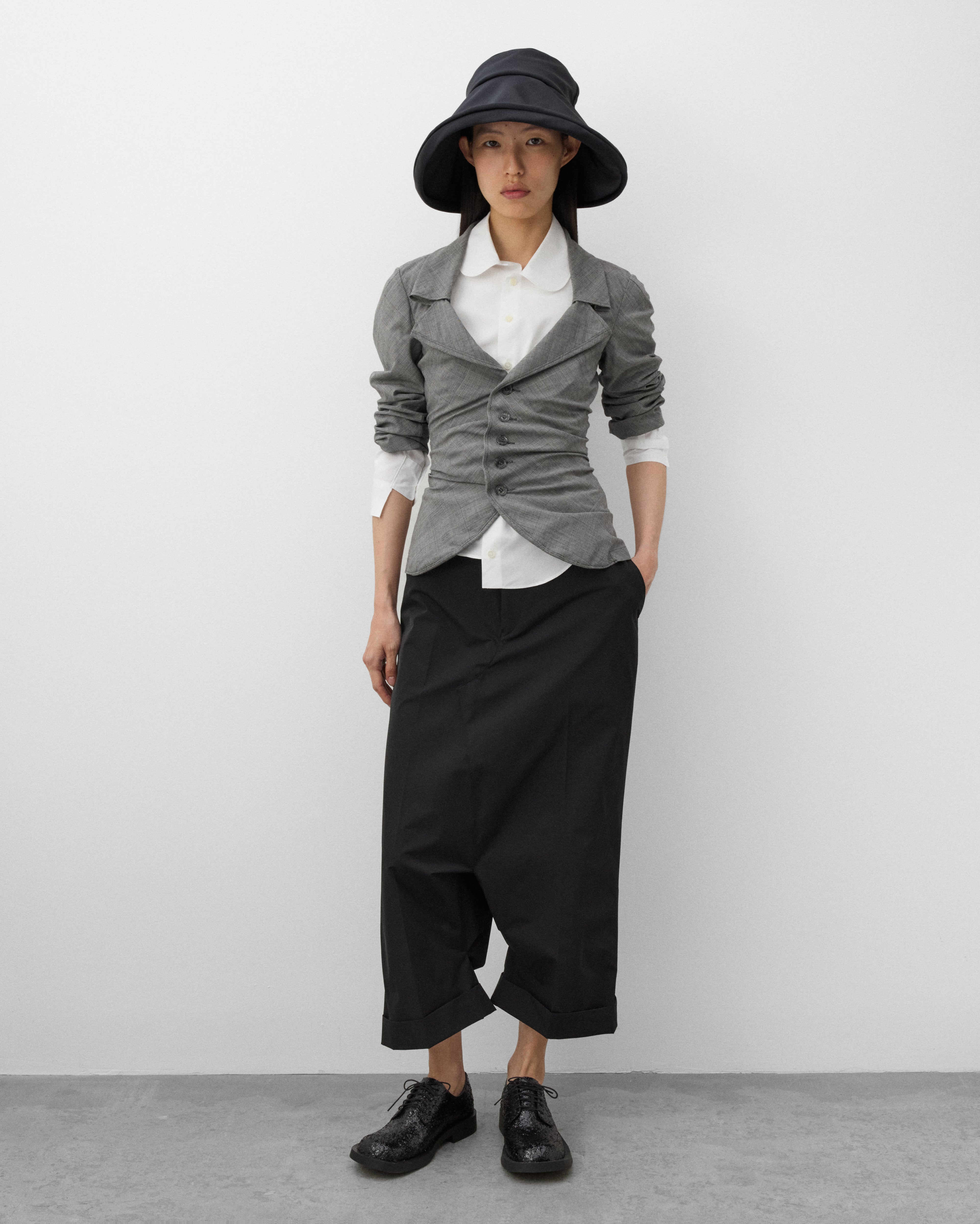 Junya Watanabe: Women's Wide Leg Pleated Trousers (Black) | Dover