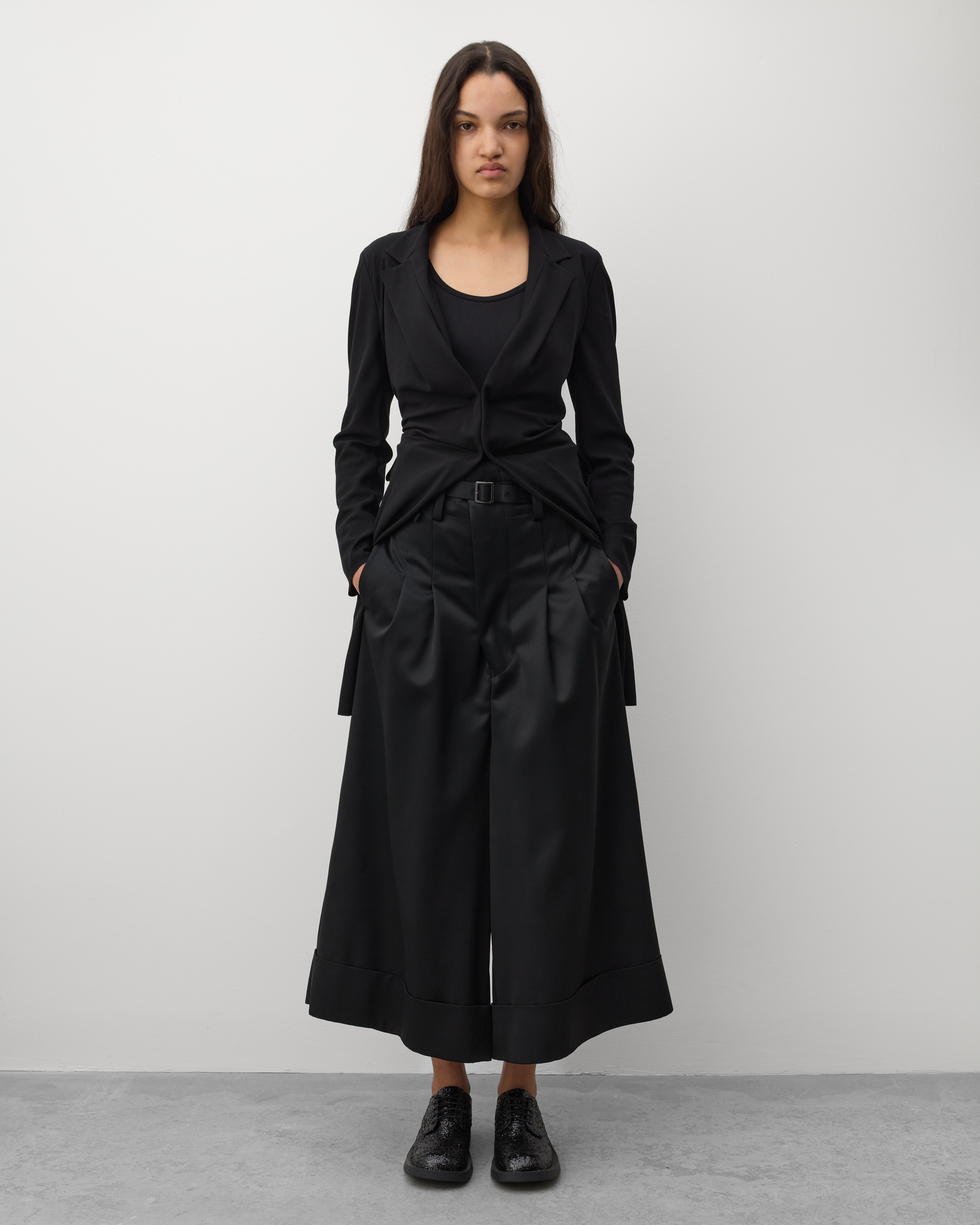 Junya Watanabe: Women's Pleated Cuffed Trousers (Black) | Dover