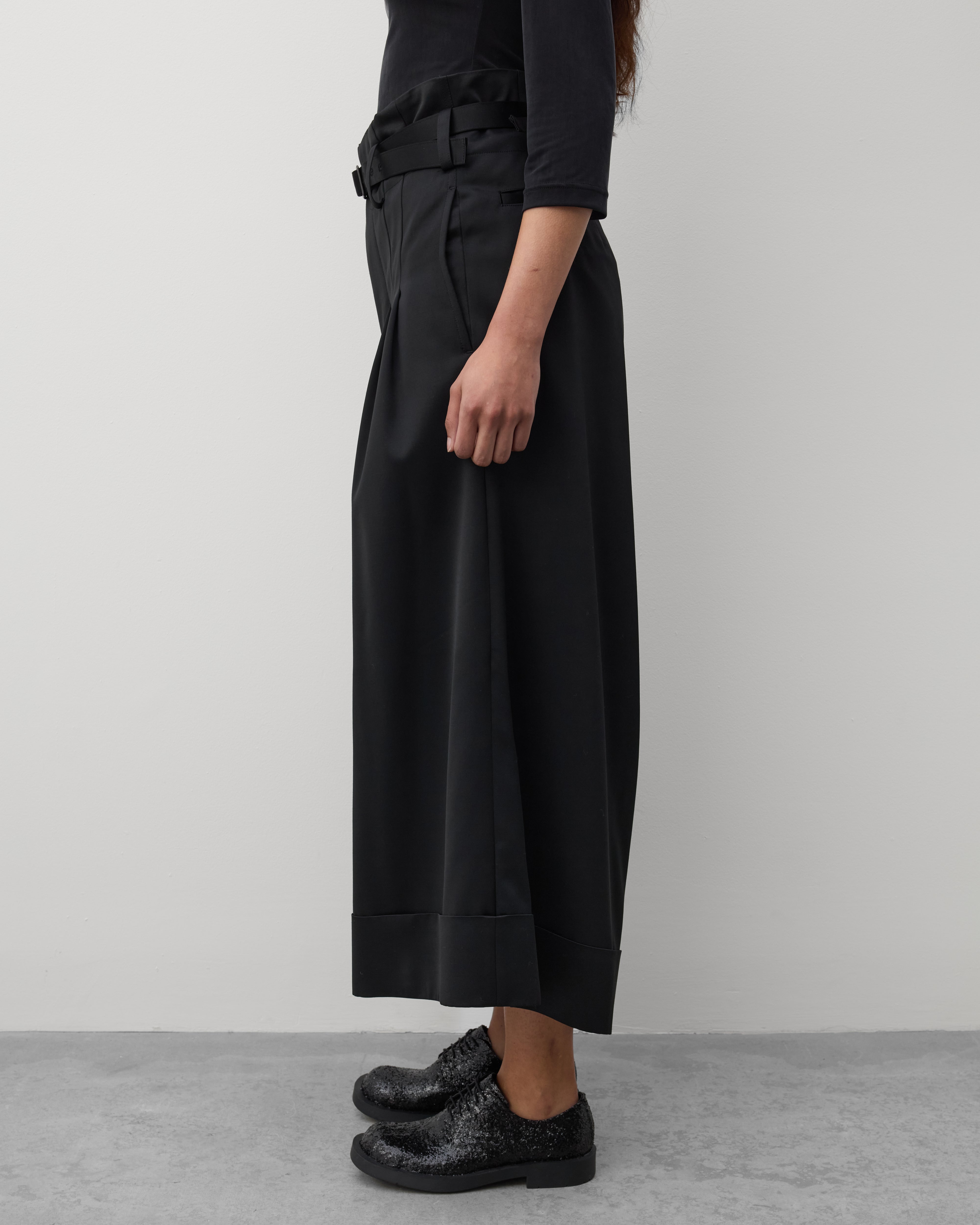 Junya Watanabe: Women's Pleated Cuffed Trousers (Black) | Dover