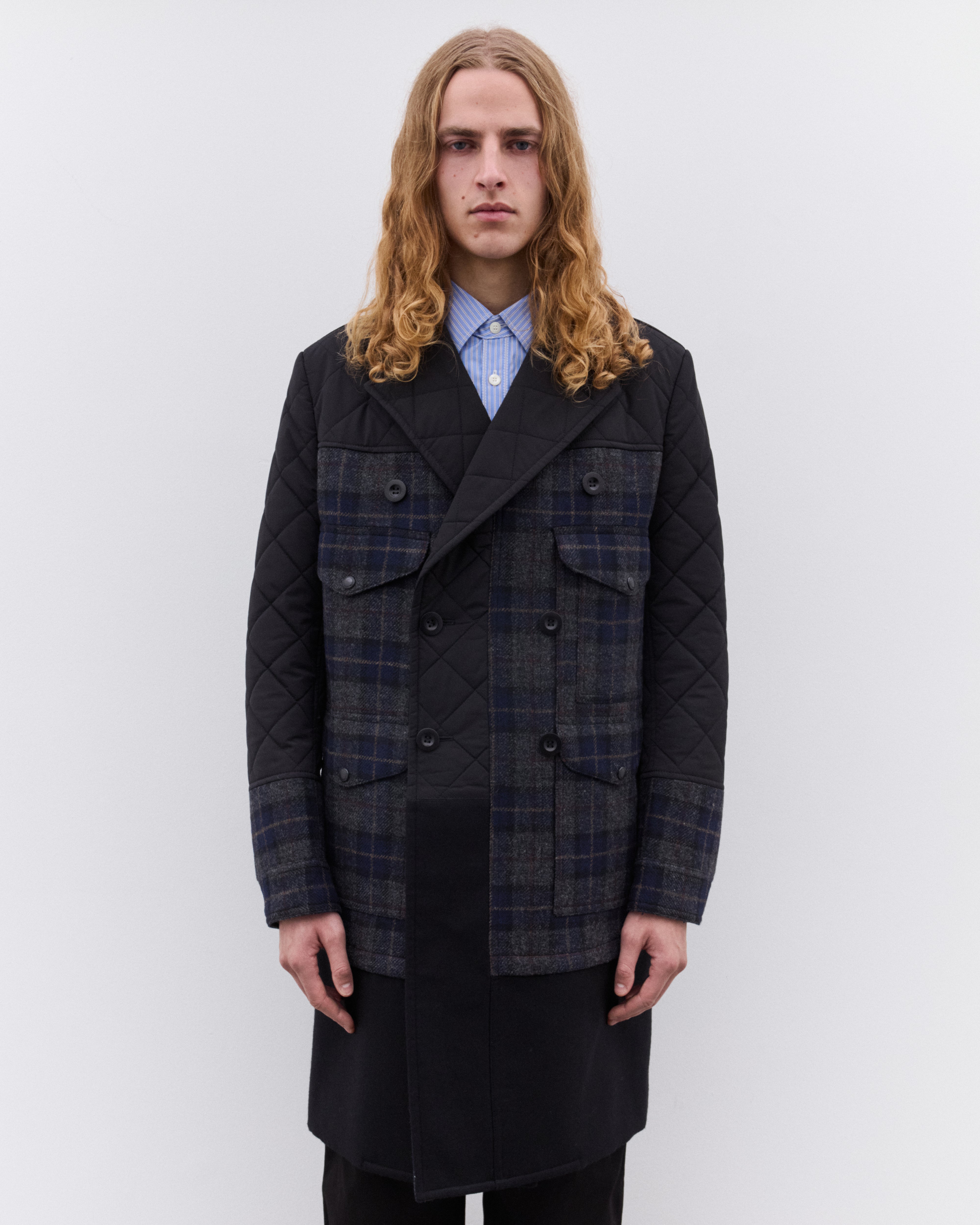 Junya Watanabe Man: Men's Filson Check Quilted Coat (Black/Grey