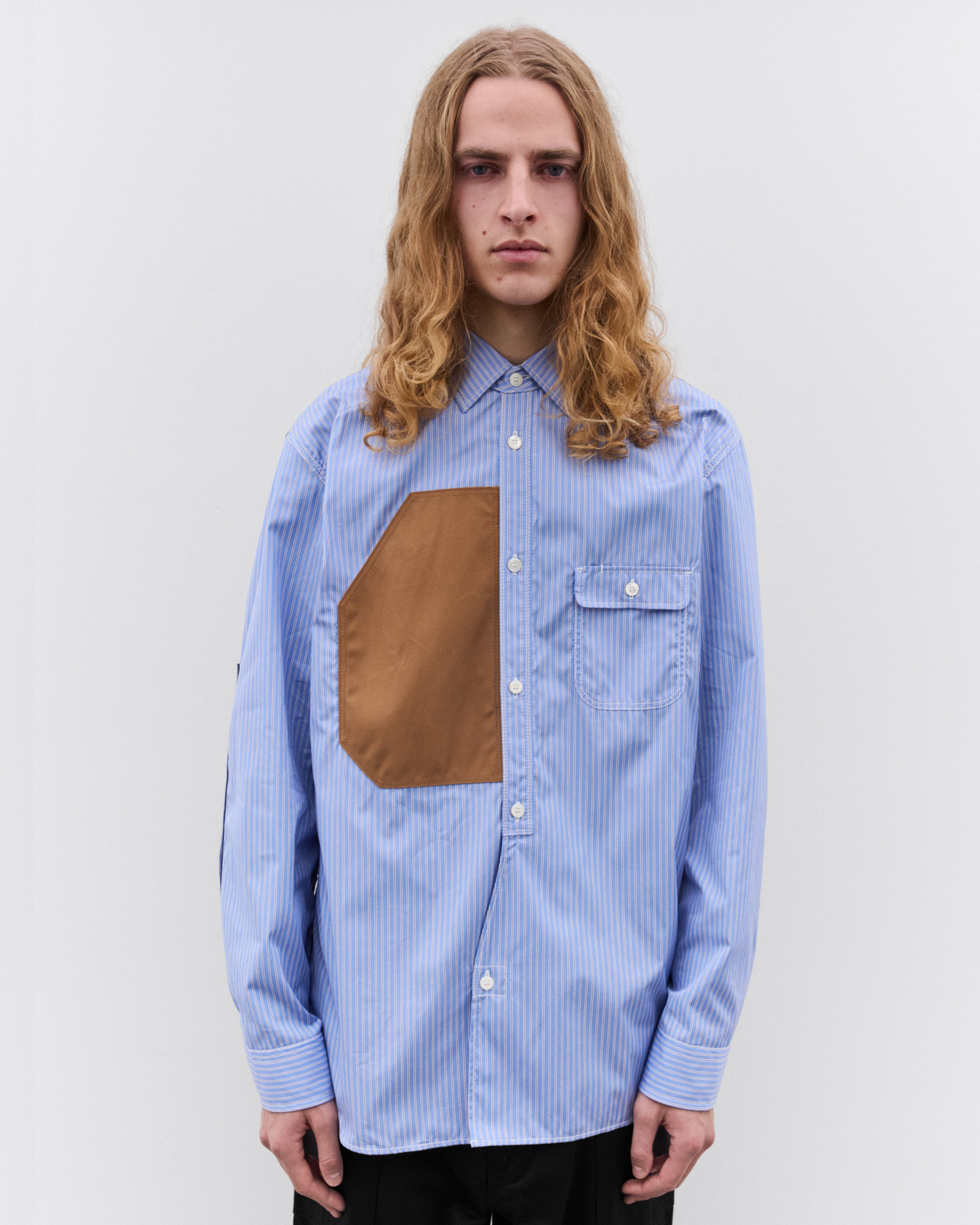 マーシャンW Junya Watanabe Man: Men's Striped and Check Shirt (Blue