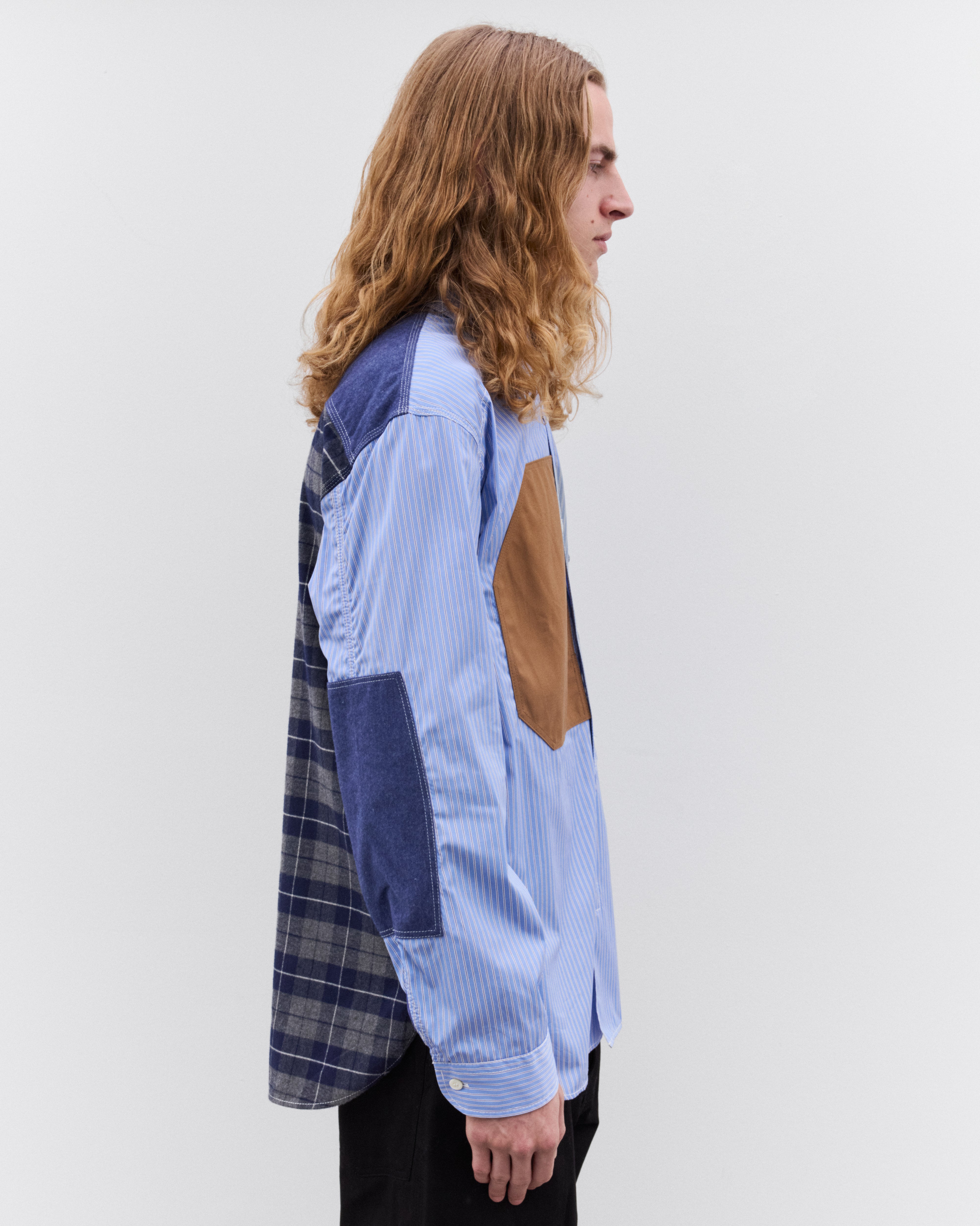 Junya Watanabe Man: Men's Striped and Check Shirt (Blue