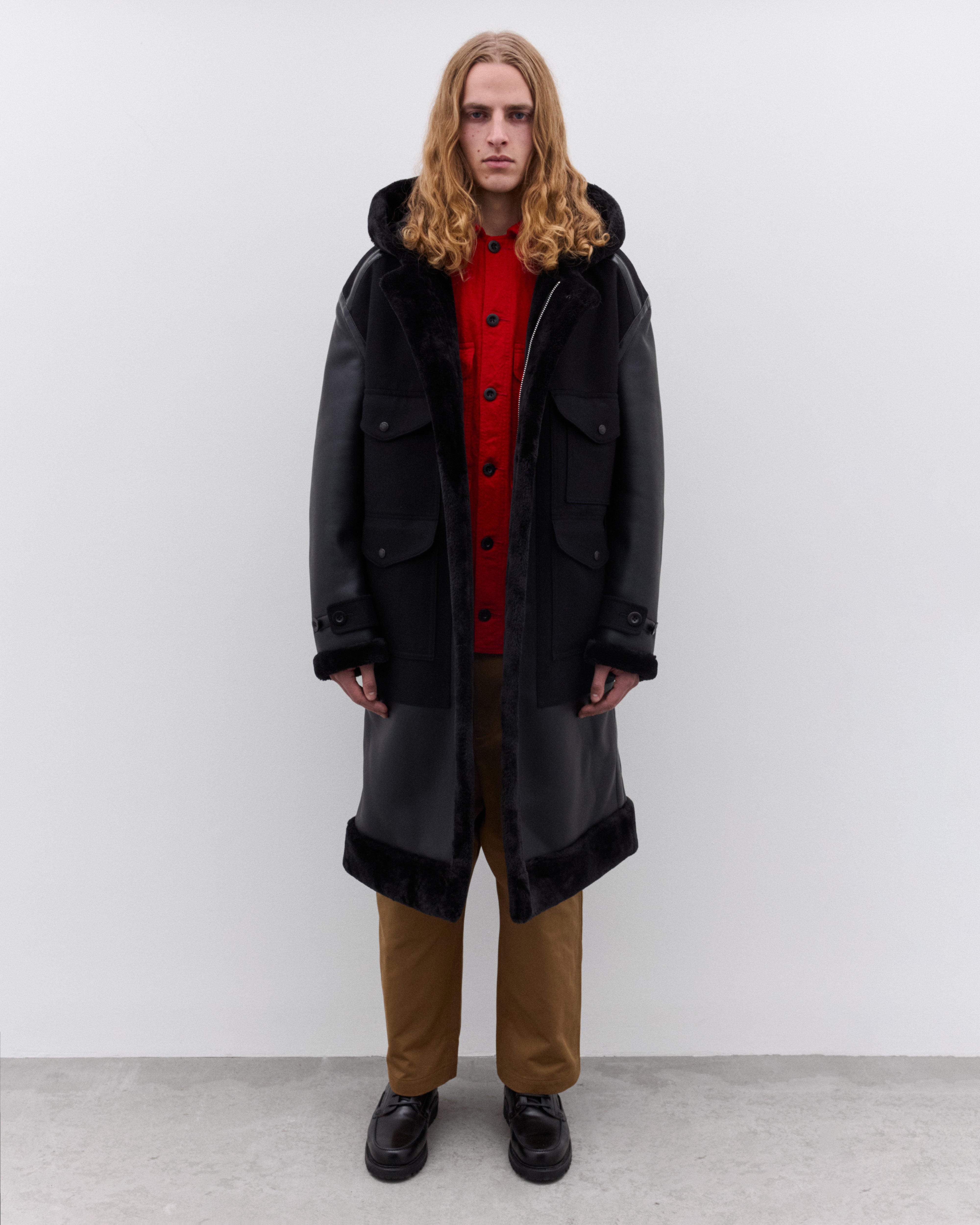 Junya Watanabe Man: Men's Filson Faux Fur Trimmed Coat (Black