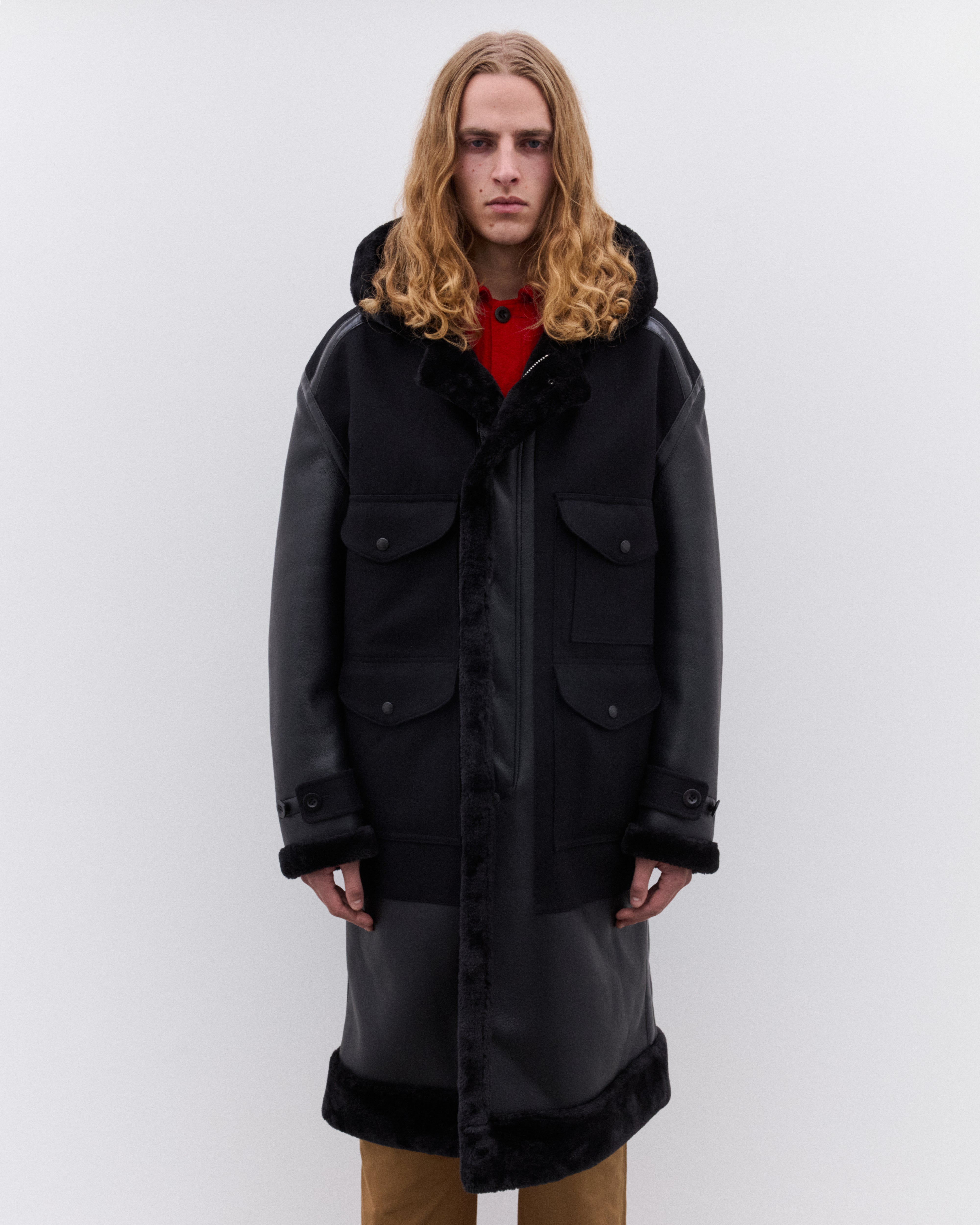 Junya Watanabe Man: Men's Filson Faux Fur Trimmed Coat (Black