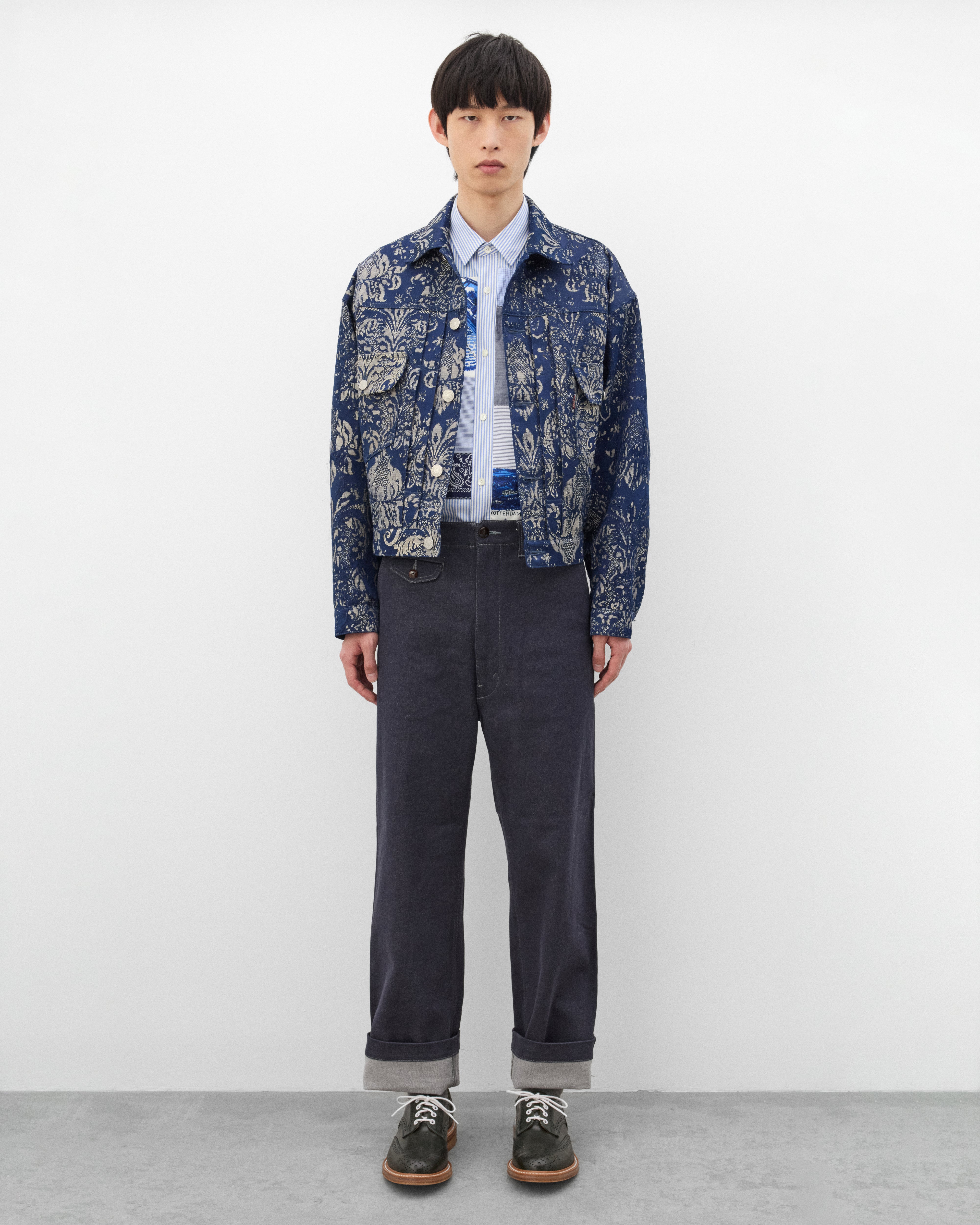 Junya Watanabe MAN: Men's Patchwork Short Sleeve Shirt (White/Sax