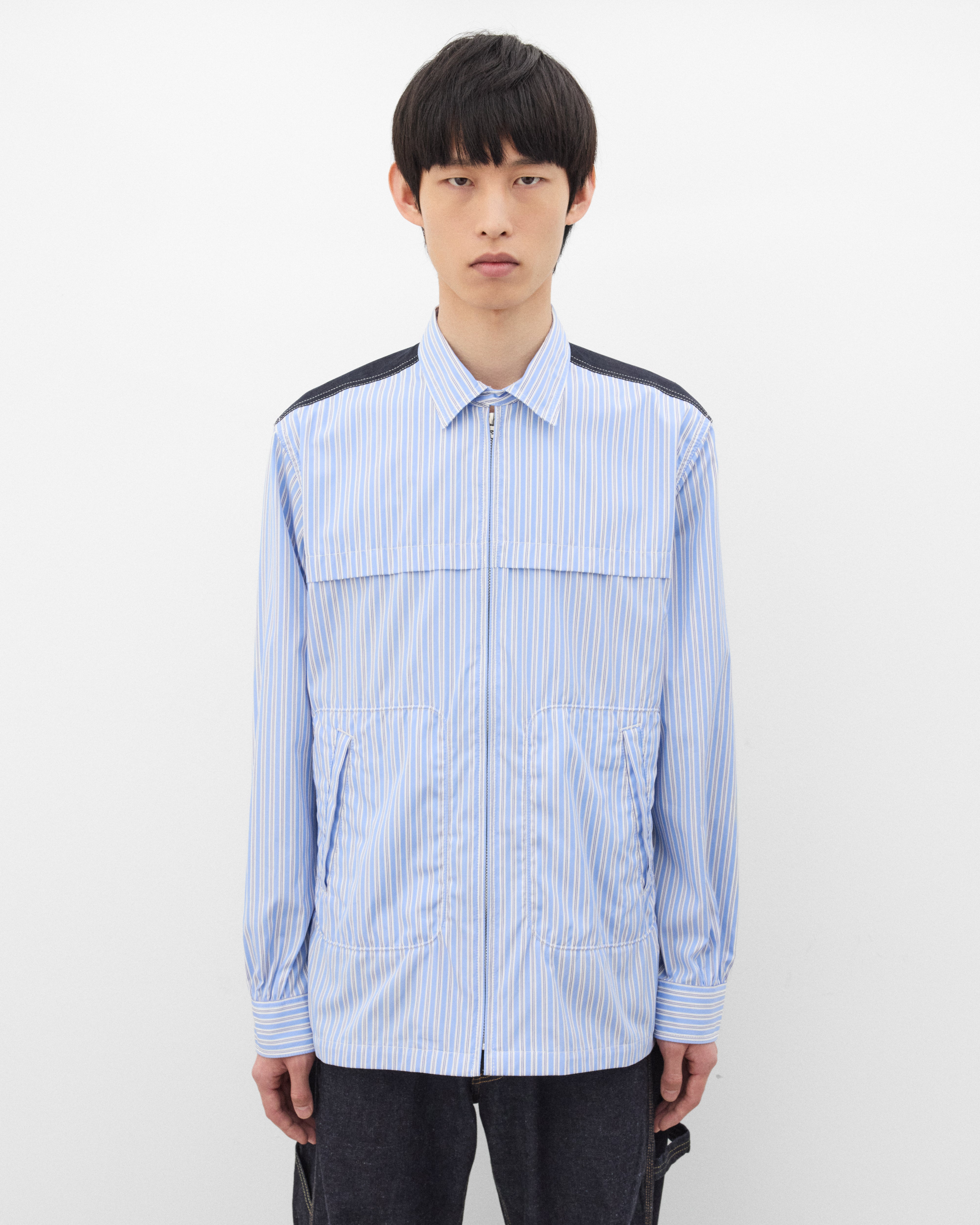 Junya Watanabe MAN: Men's Striped Zip Shirt (White/Sax/Navy