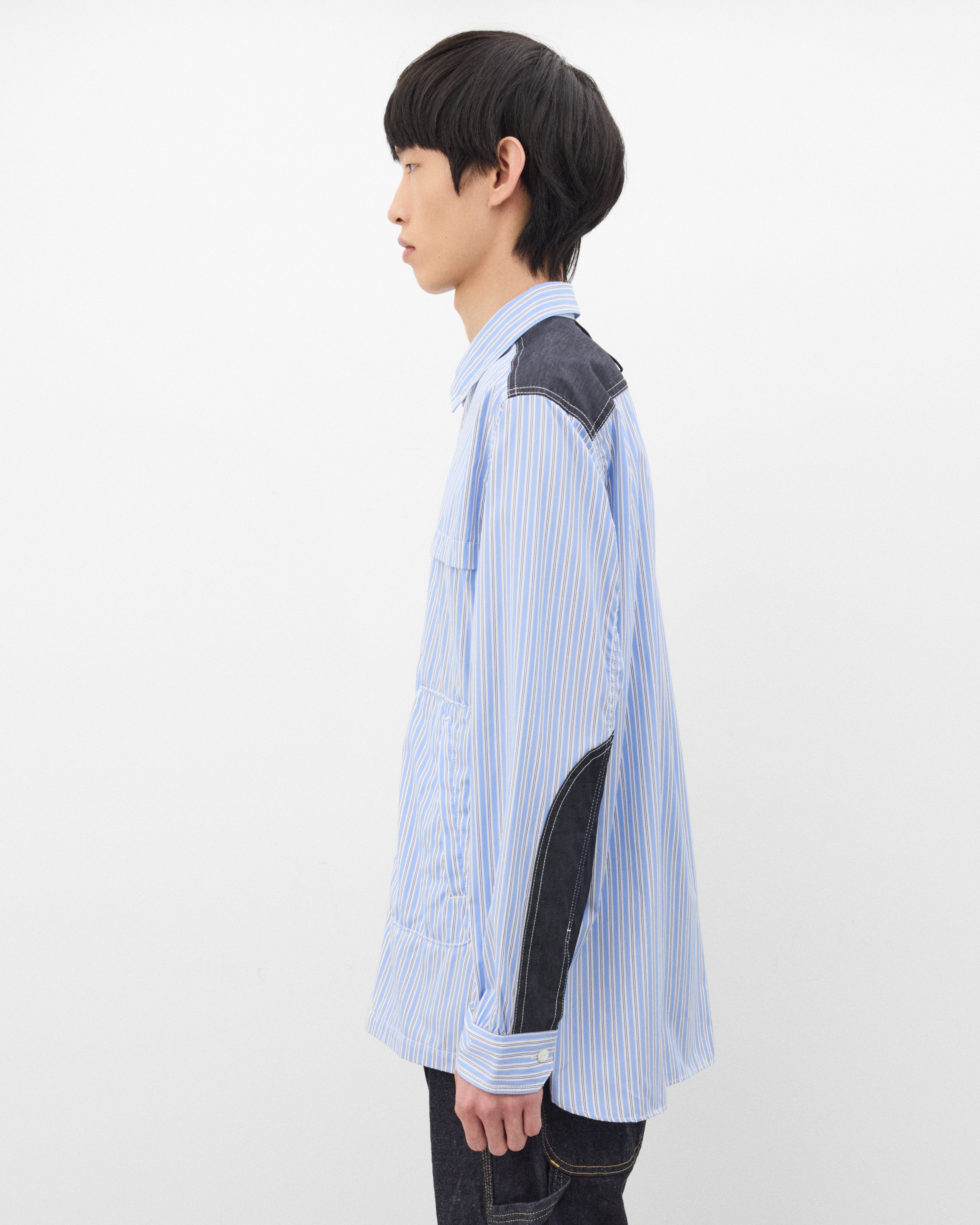 Junya Watanabe MAN: Men's Striped Zip Shirt (White/Sax/Navy