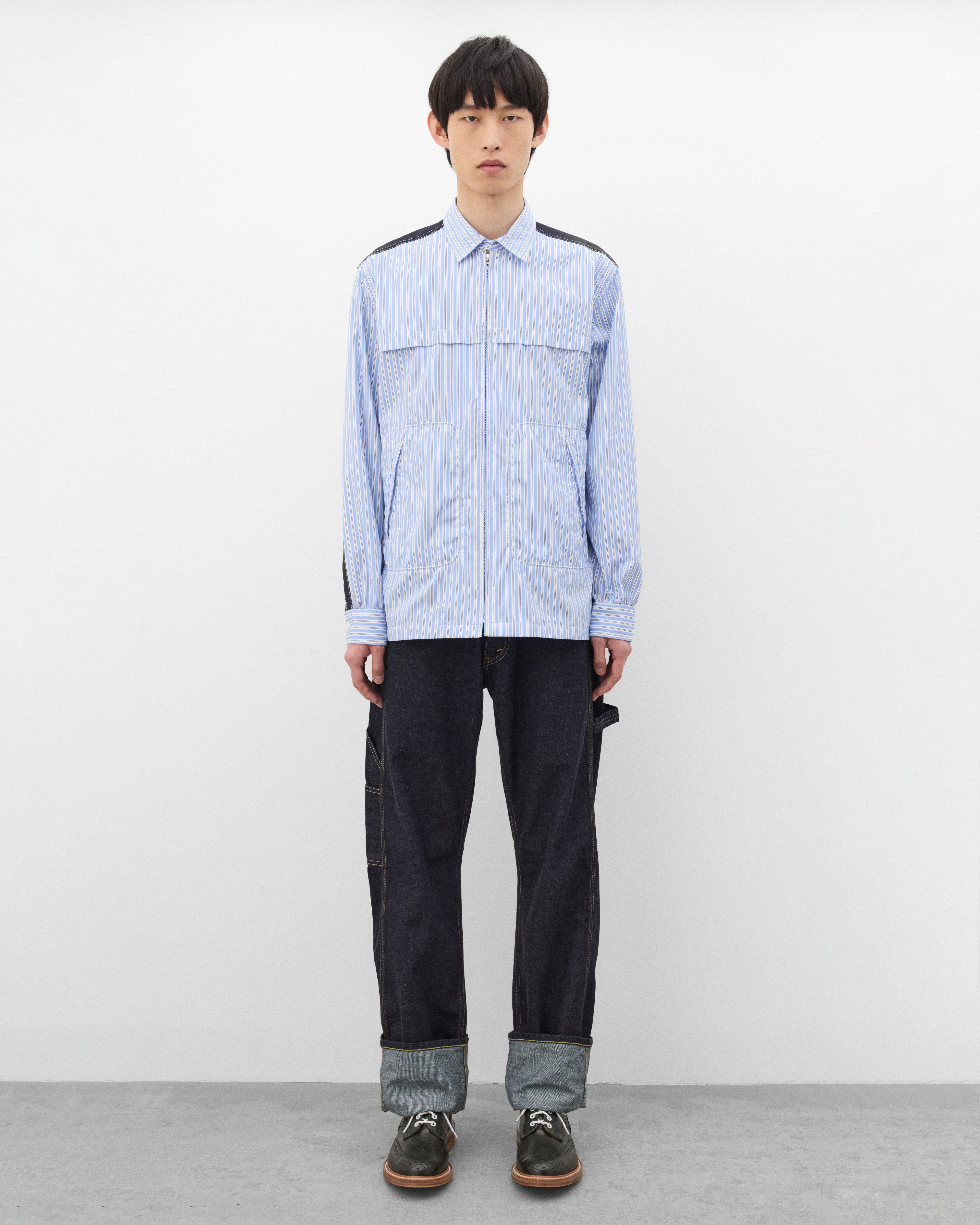 トップス Junya Watanabe Junya Watanabe MAN: Men's Striped Zip Shirt (White/Sax/Navy