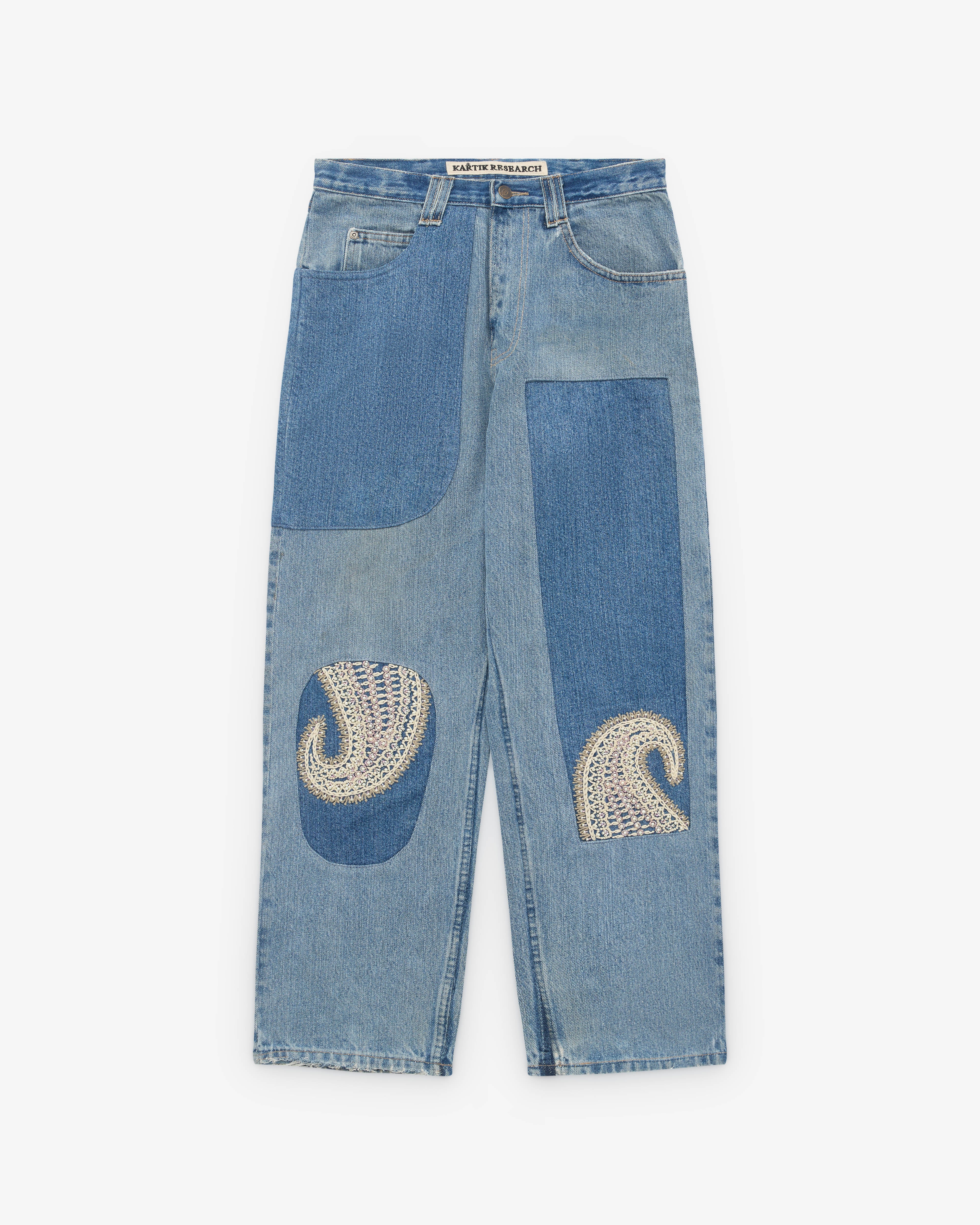 Kartik Research: Men's Upcycled Chikankari Jeans (Washed Indigo