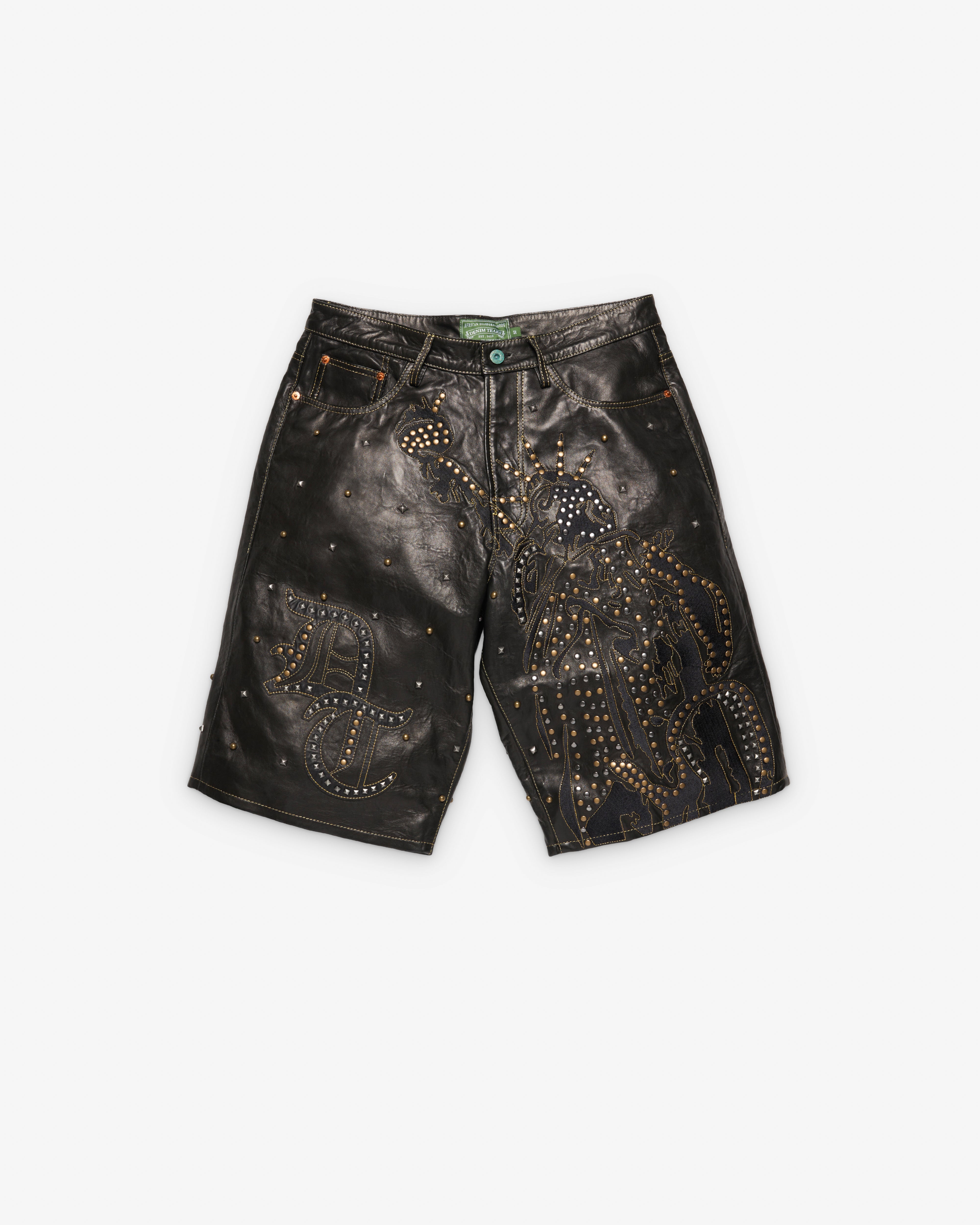 Denim Tears: Men's Libertas Studded Leather Shorts (Black) | Dover