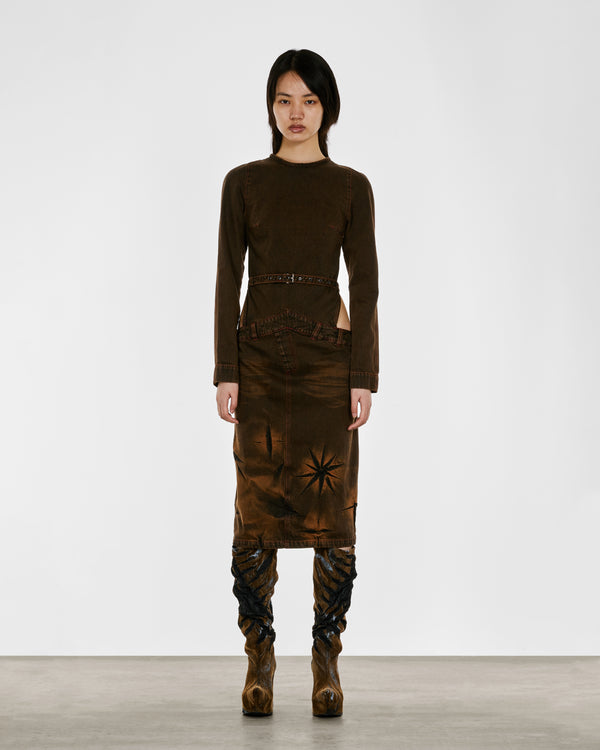 Masha Popova - Women’s Backless Denim Dress - (Mud Brown)