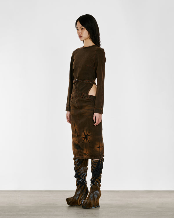 Masha Popova - Women’s Backless Denim Dress - (Mud Brown)