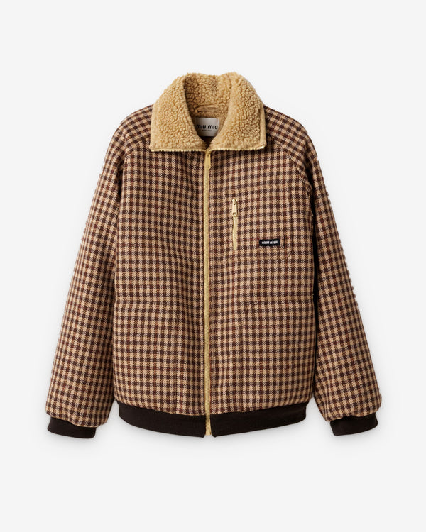 Miu Miu - Women’s Fleece-lined Checked Blouson Jacket - (Camel/Cocoa Brown)