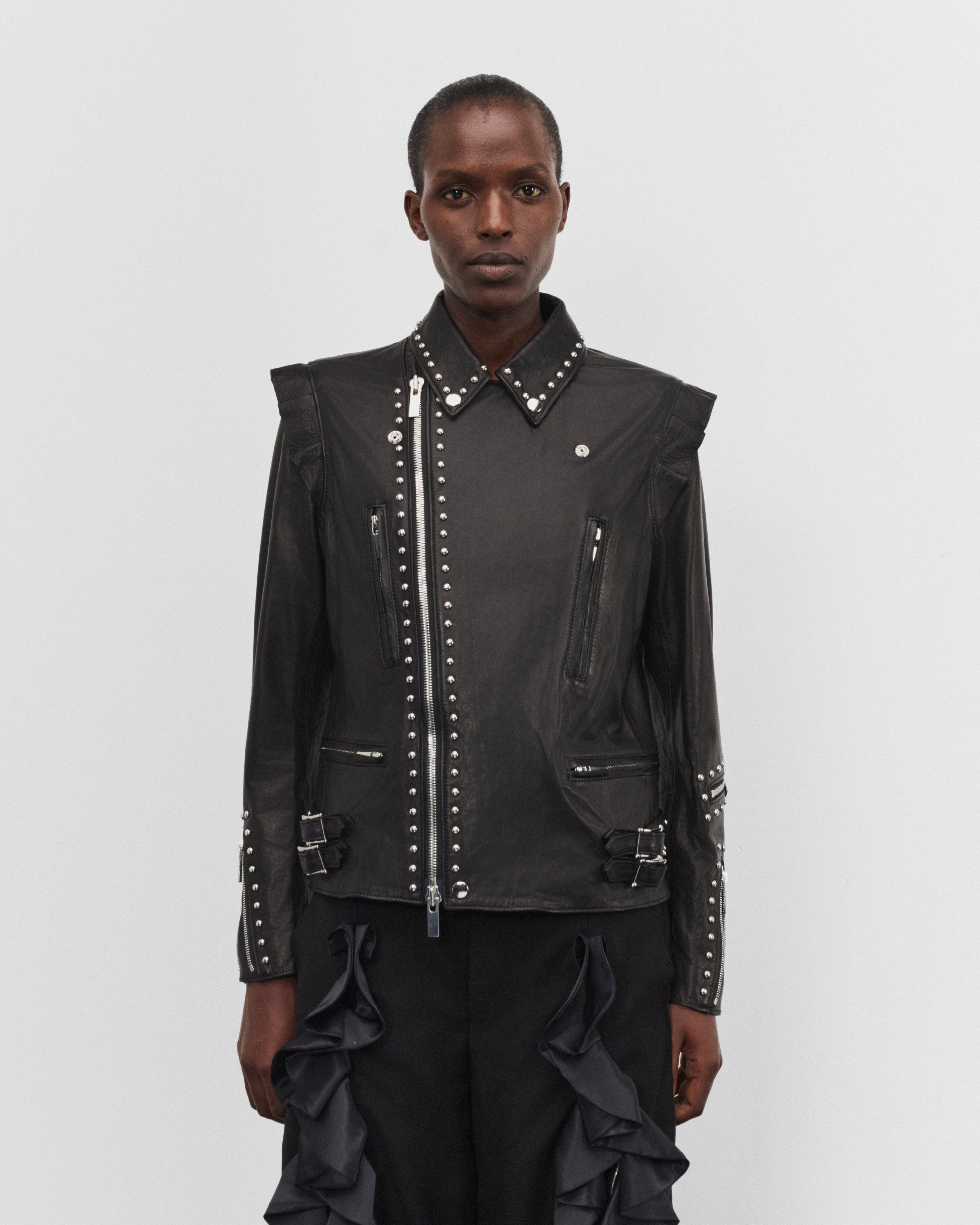 Noir Kei Ninomiya: Women's Leather Studded Biker Jacket (Black