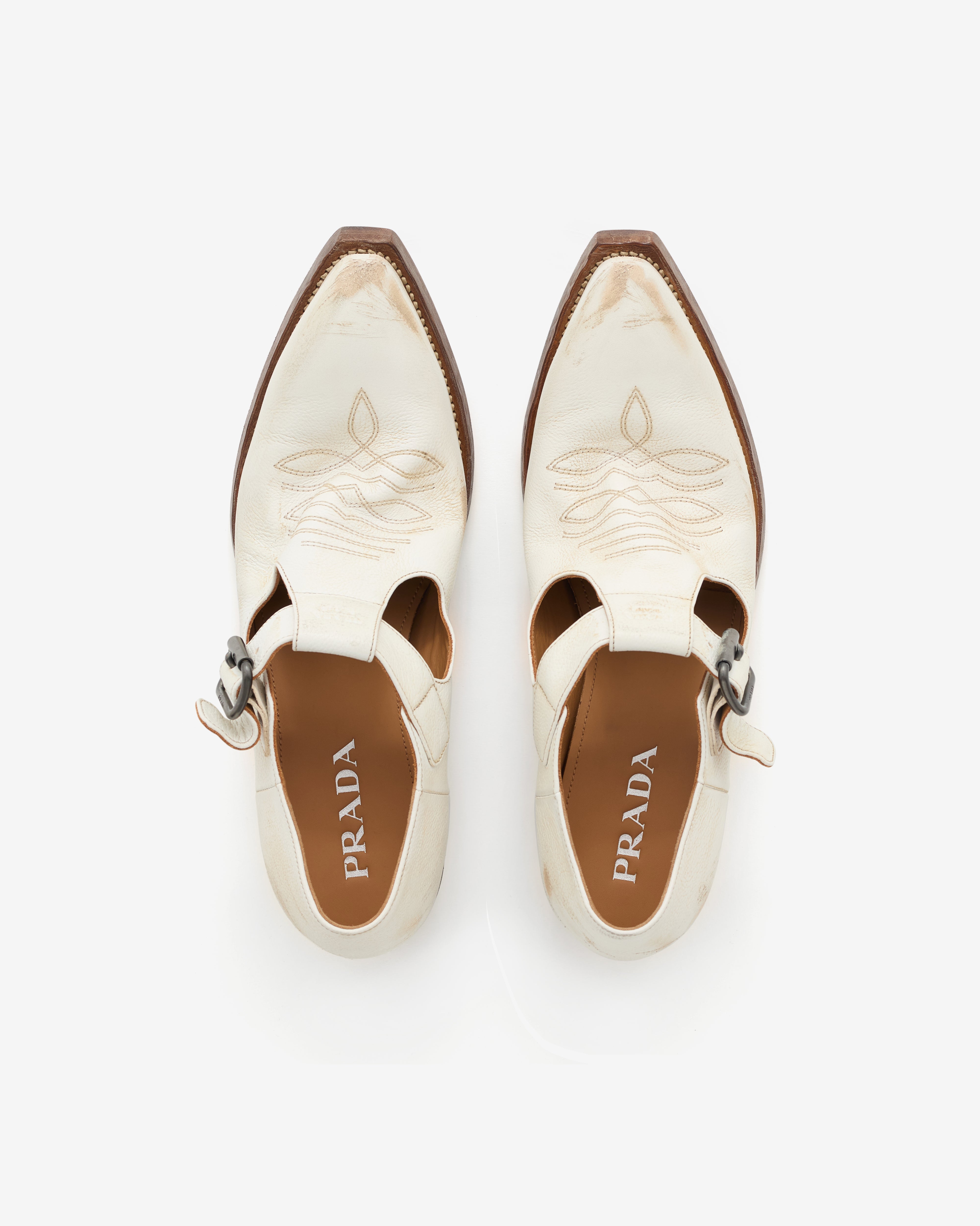 Prada: Men's Antiqued Leather Shoes With Buckle (Chalk White