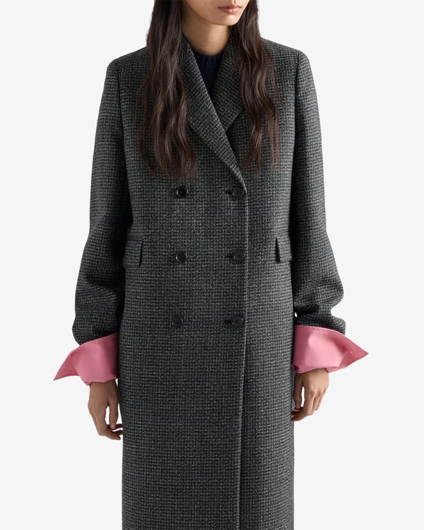Prada  - Women's Double Breasted Gingham Checked Mouliné Wool Coat - (Black/White)